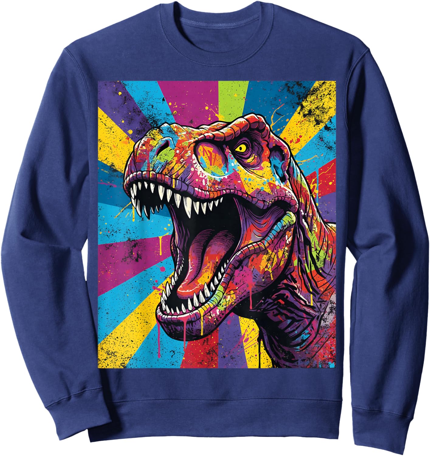 “Roaring T Rex” Colorful Pop Art Dinosaur Graphic Design Fun Sweatshirt - Sweatshirt | Navy