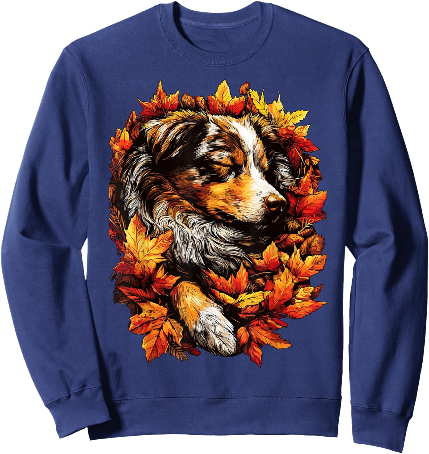 Sleeping Australian Shepherd Fall Leaves Autumn Aesthetic Sweatshirt - Sweatshirt | Navy