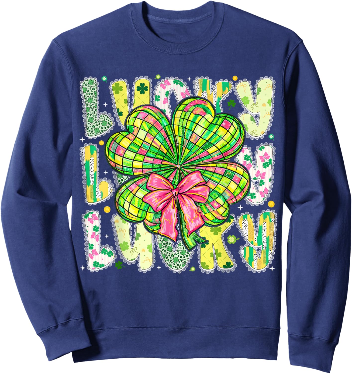 Lucky St Patricks Day Clover Coquette Bow Girl Women Kid Sweatshirt - Sweatshirt | Navy
