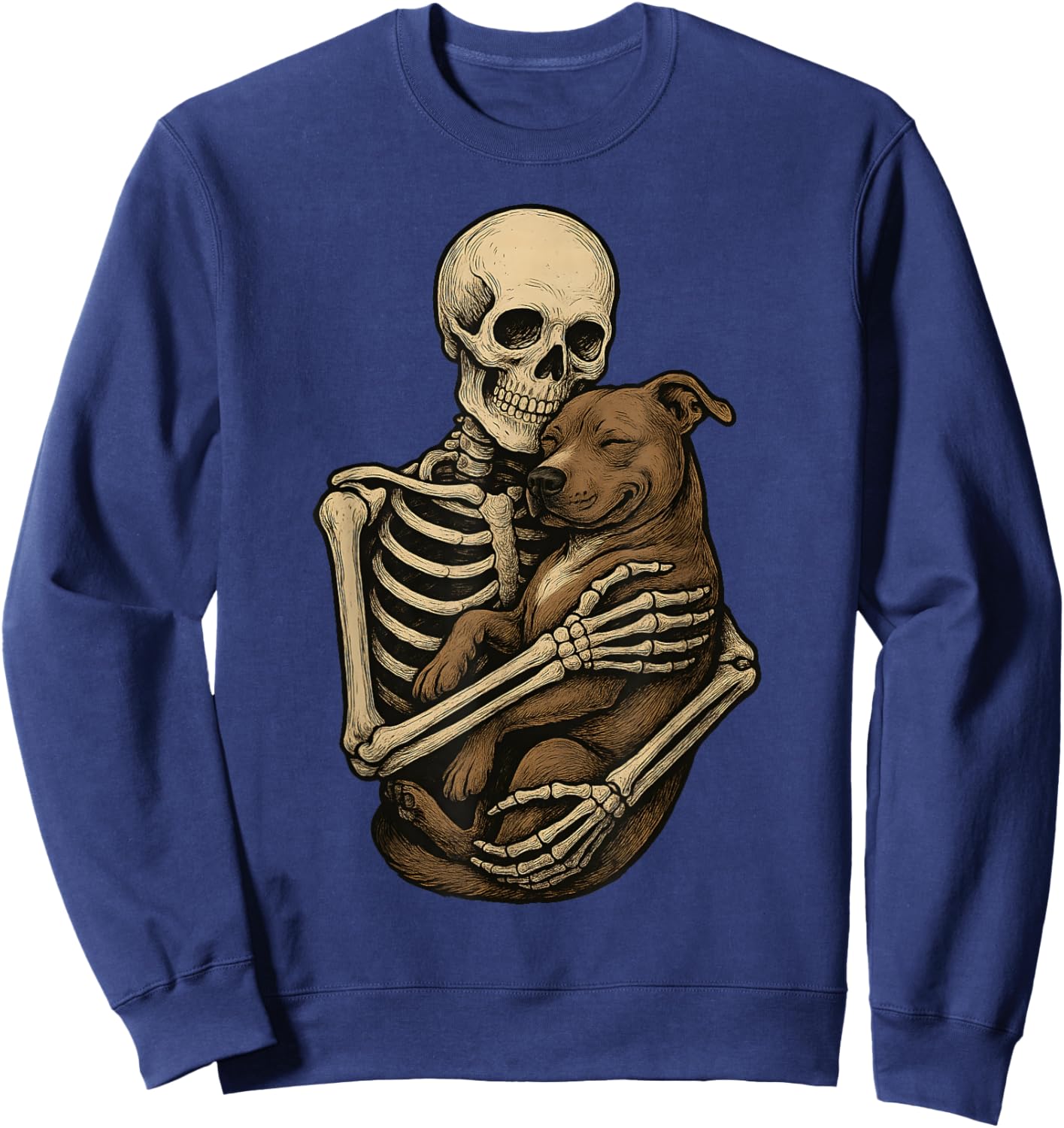 Skeleton Hugging Pittie Dog Pit Bull Funny Halloween Sweatshirt - Sweatshirt | Navy