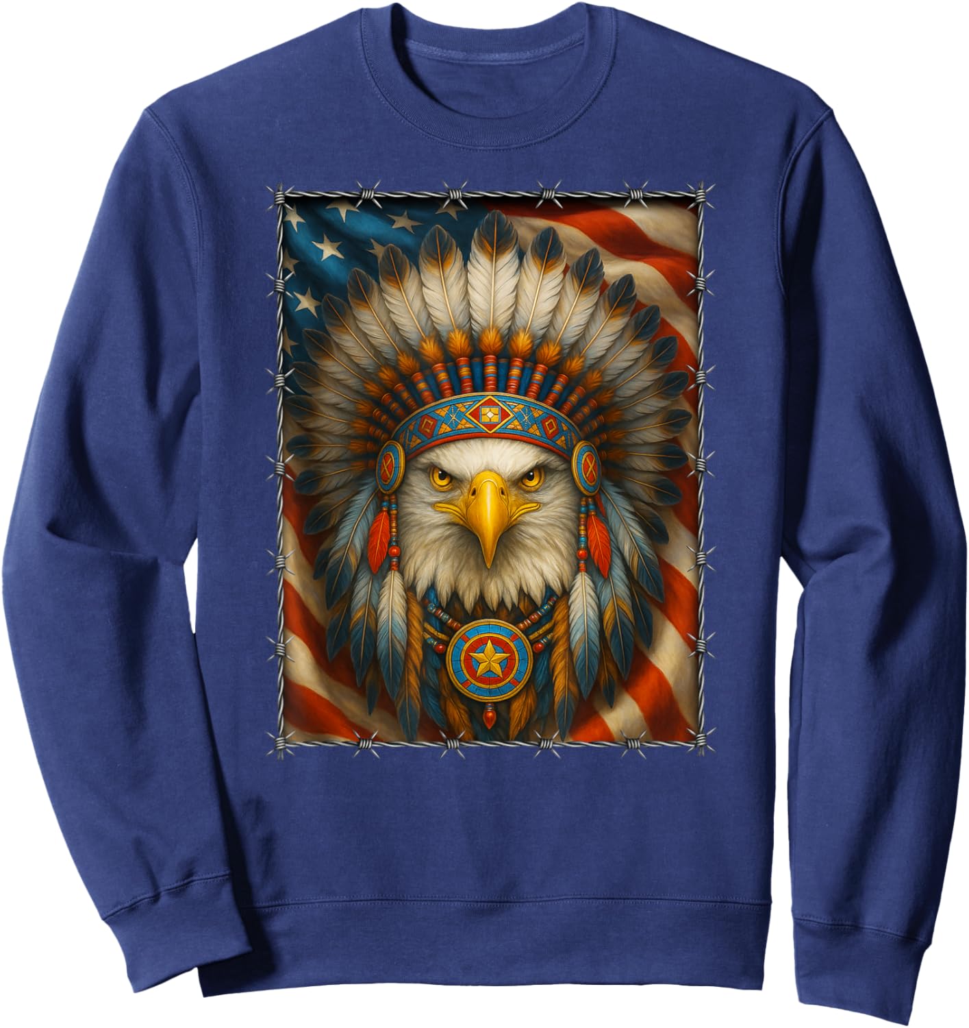 Native American - Indian Headdress Eagle - Navajo USA Flag Sweatshirt - Sweatshirt | Navy