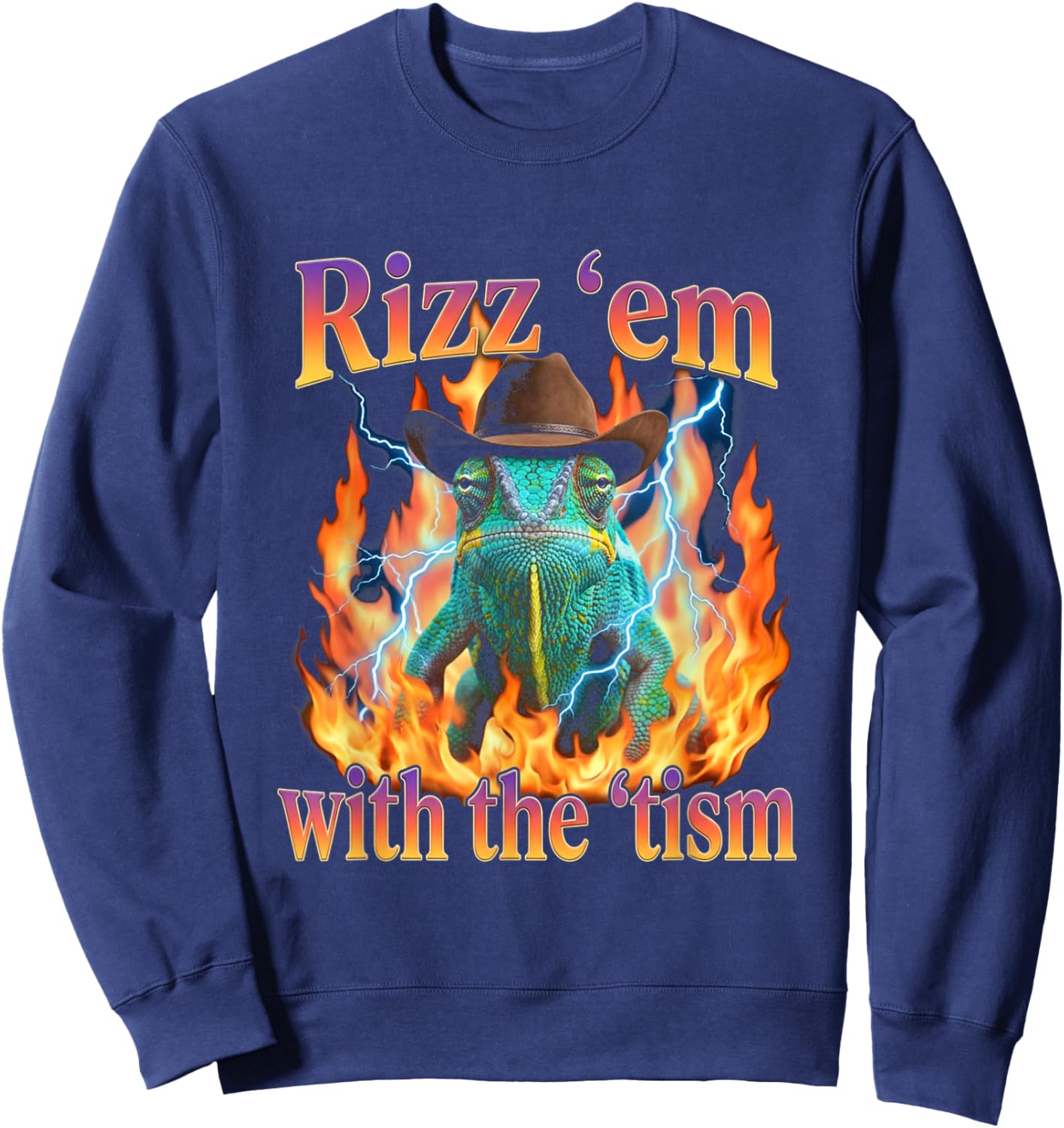 Rizz Em with The Tism Cowboy Chameleon Y2K Bootleg Sweatshirt - Sweatshirt | Navy