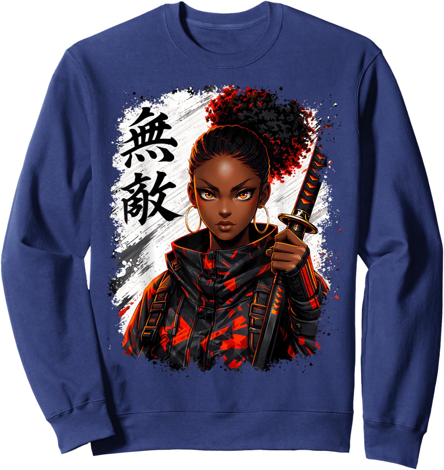 Black Samurai Girl Anime Warrior Afro African Pride Sweatshirt - Sweatshirt | Navy