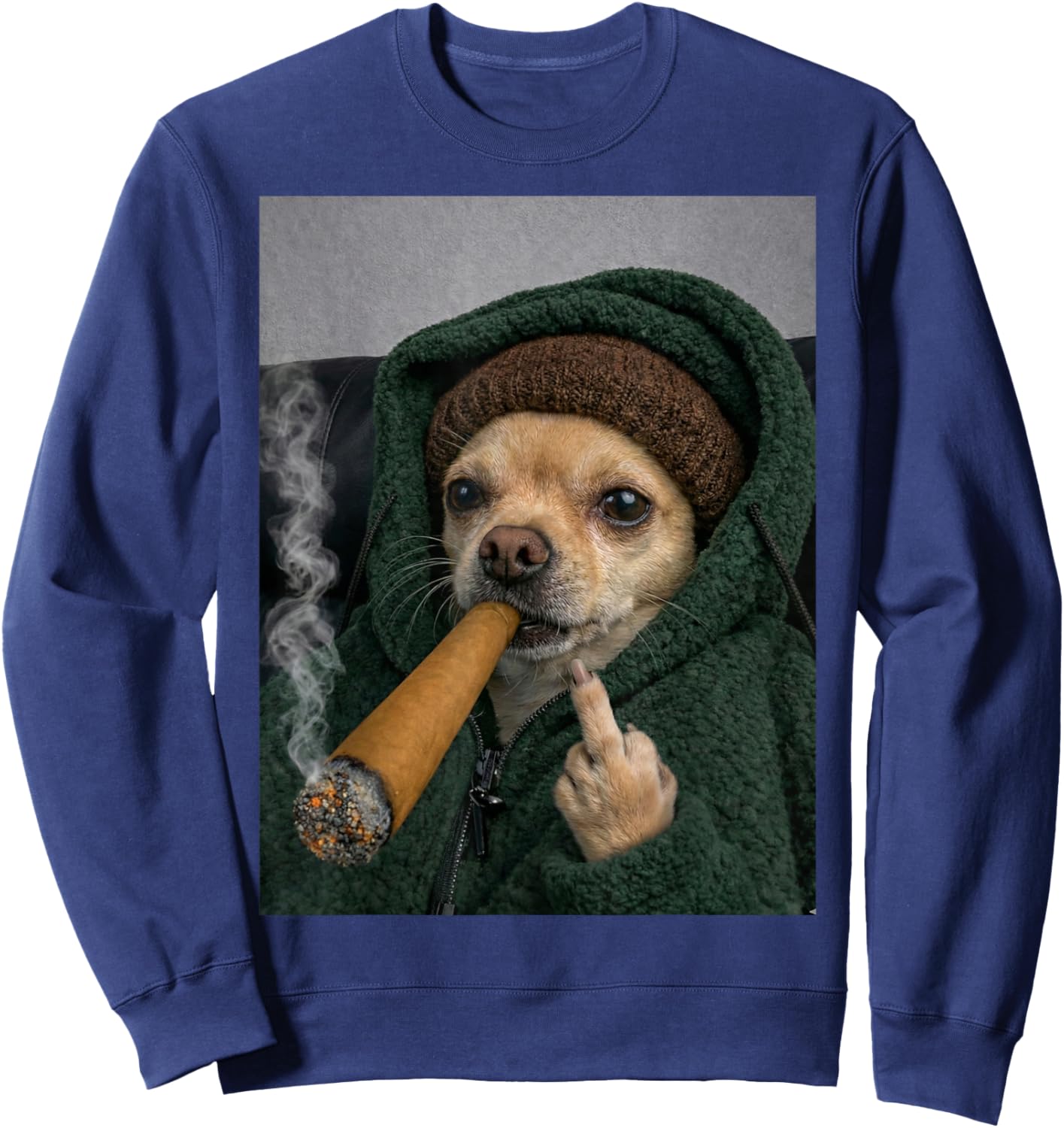 Funny Chihuahua Dog Smoking Cigarette with a Middle Finger Sweatshirt - Sweatshirt | Navy