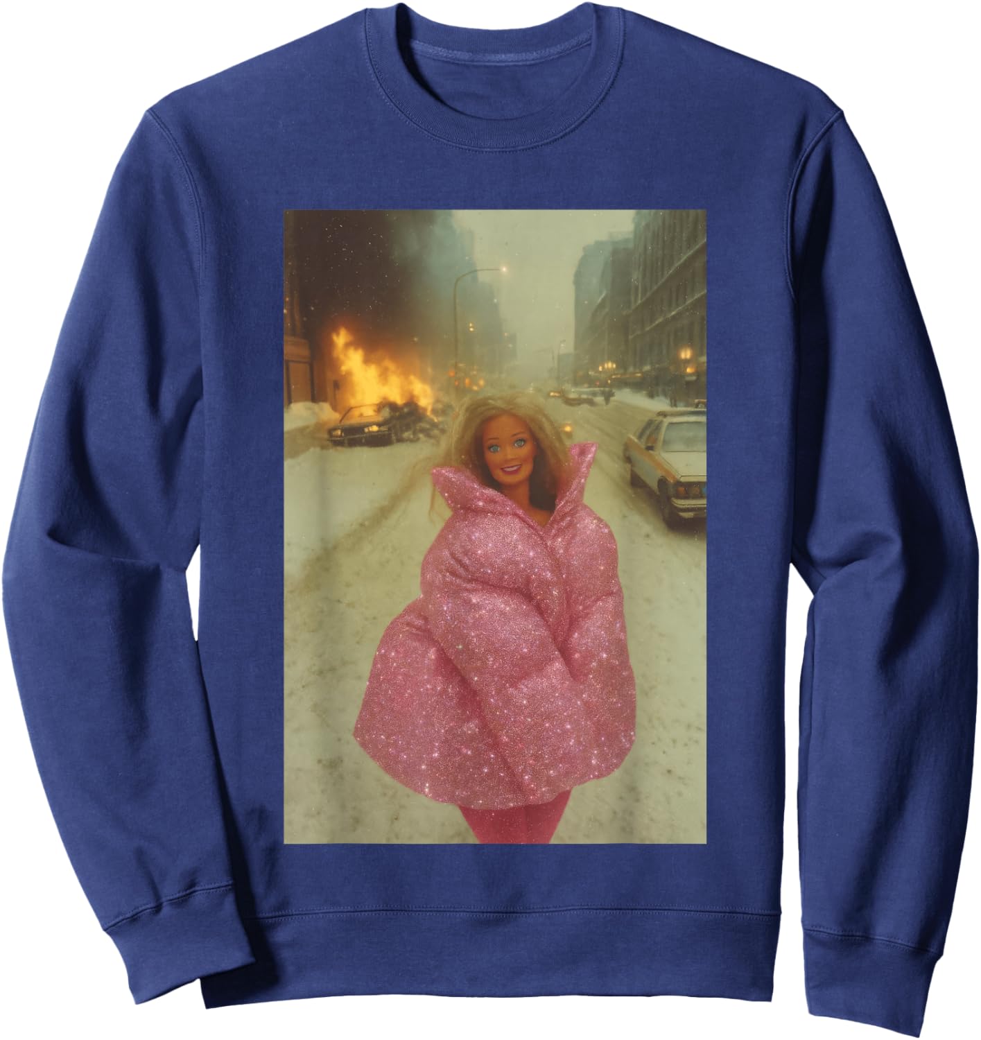 Funny Chaotic Disaster Doll Burning Background on fire Meme Sweatshirt - Sweatshirt | Navy