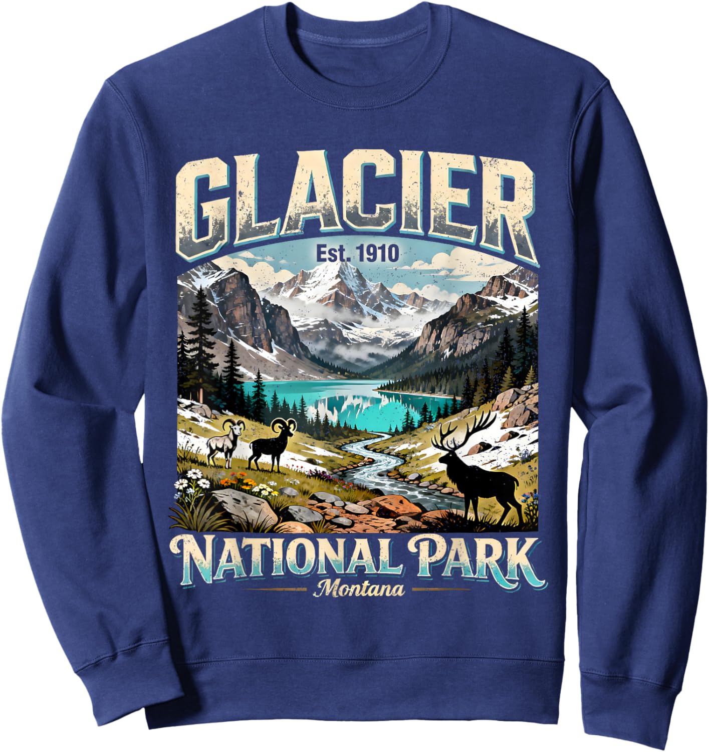 Glacier National Park Montana Vintage Nature Art Sweatshirt - Sweatshirt | Navy
