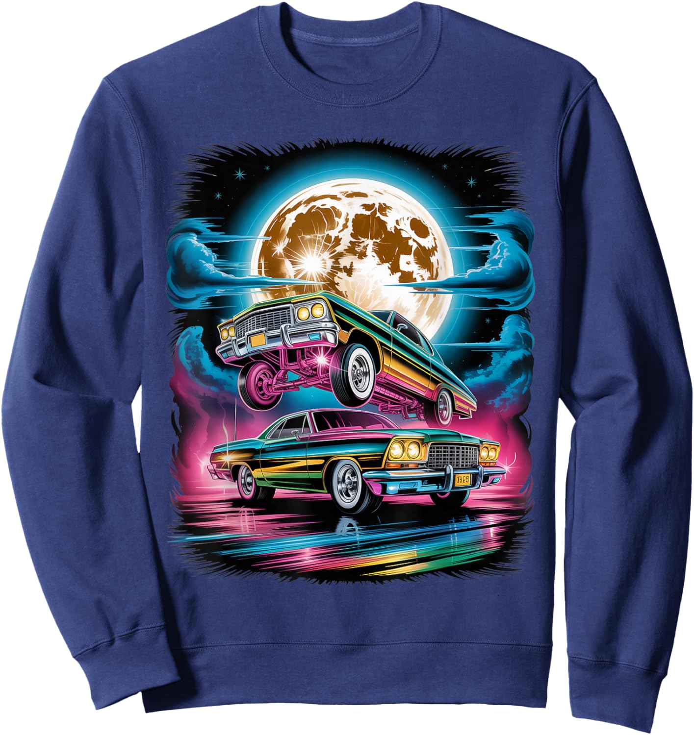 Vintage Retro 90s Airbrushed Classic Cars Under Full Moon Sweatshirt - Sweatshirt | Navy