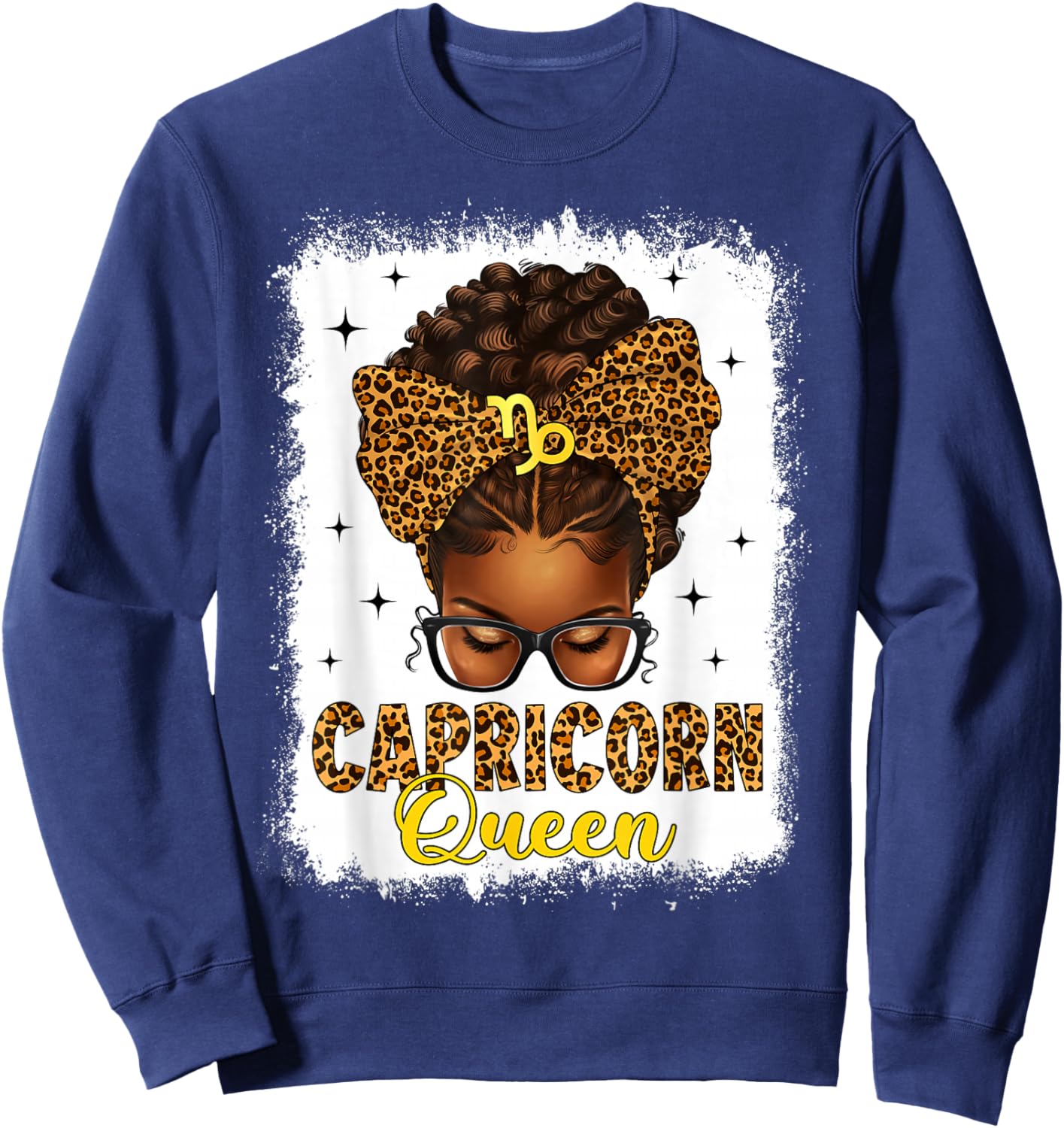 Capricorn Queen Messy Bun Leopard Bow Black Women Zodiac Sweatshirt - Sweatshirt | Navy