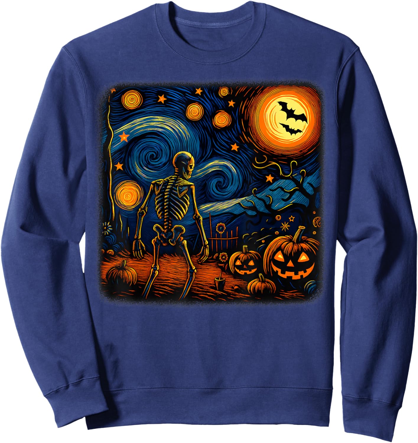 Halloween Skeleton Starry Night Van Gogh Pumpkin Men Women Sweatshirt - Sweatshirt | Navy