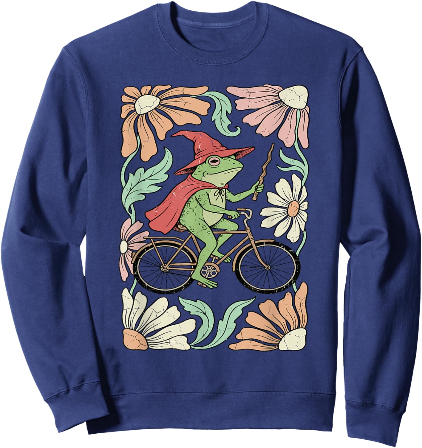 Whimsical Frog Wizard on Bicycle Vintage Floral Art Sweatshirt - Sweatshirt | Navy