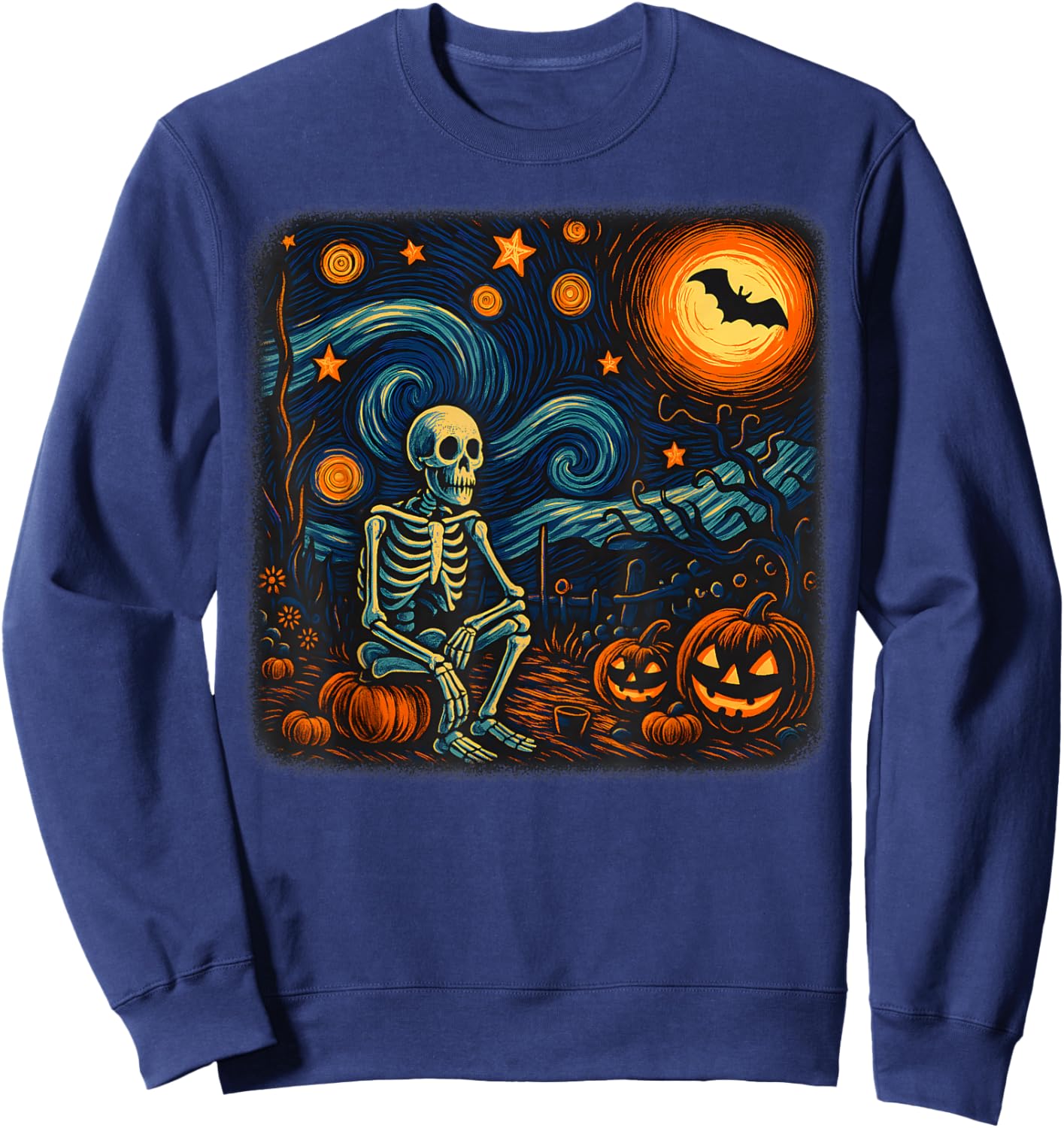 Halloween Skeleton Starry Night Van Gogh Pumpkin Men Women Sweatshirt - Sweatshirt | Navy