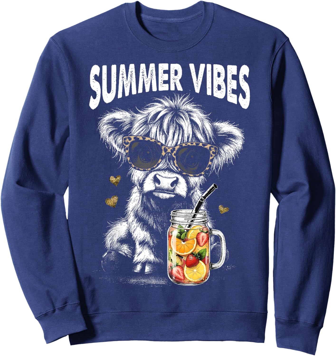 Retro Highland Cow Summer Vibes Leopard Sunglasses Girl Kids Sweatshirt - Sweatshirt | Navy