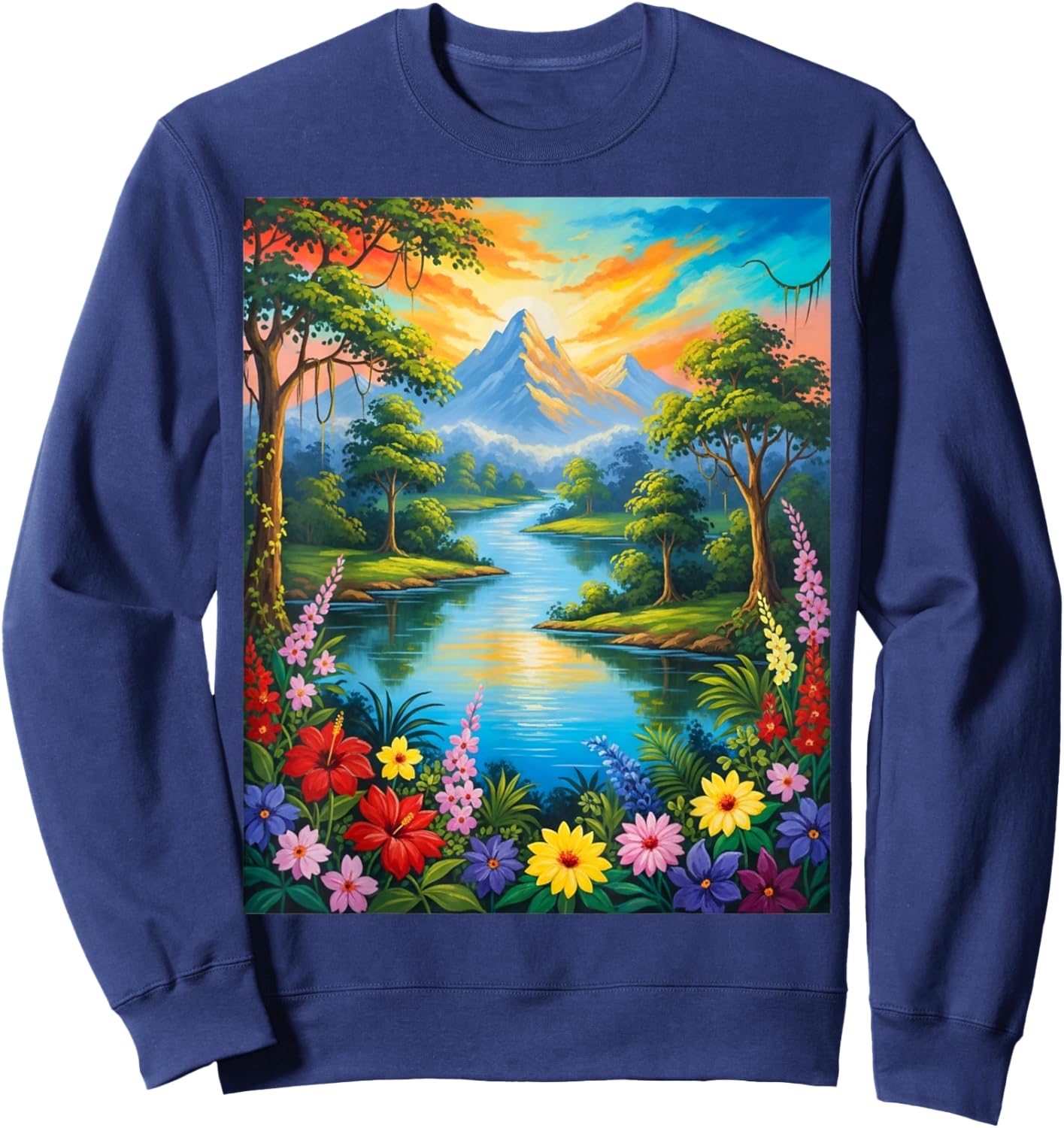 Nature Tropical Forest Trees Sun River Flowers Painting Art Sweatshirt - Sweatshirt | Navy