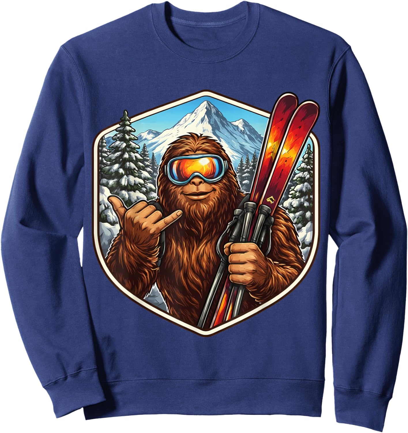 Sasquatch Skiing Big-Foot Shaka Ski Lover Skier Mountain Fun Sweatshirt - Sweatshirt | Navy