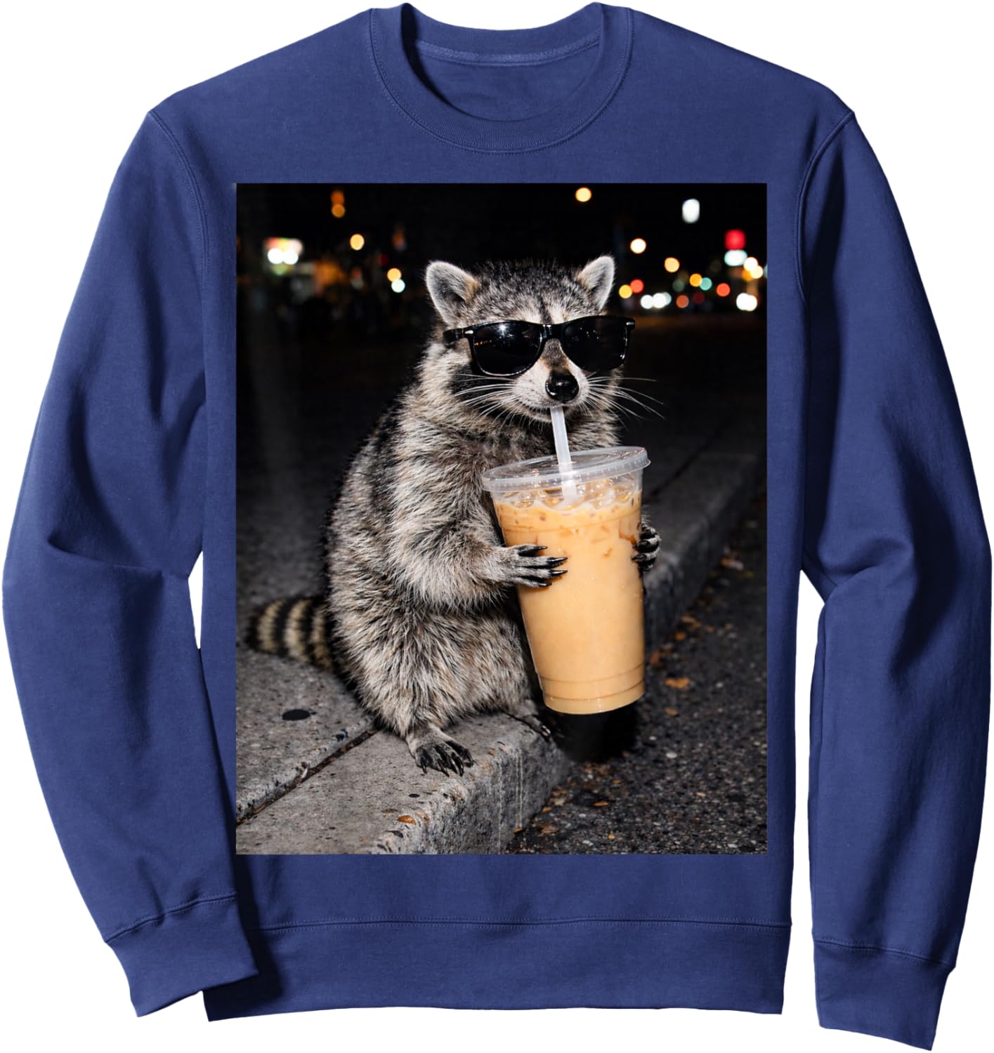 Funny Raccoon Drinking Iced Coffee Animal Meme Sweatshirt - Sweatshirt | Navy