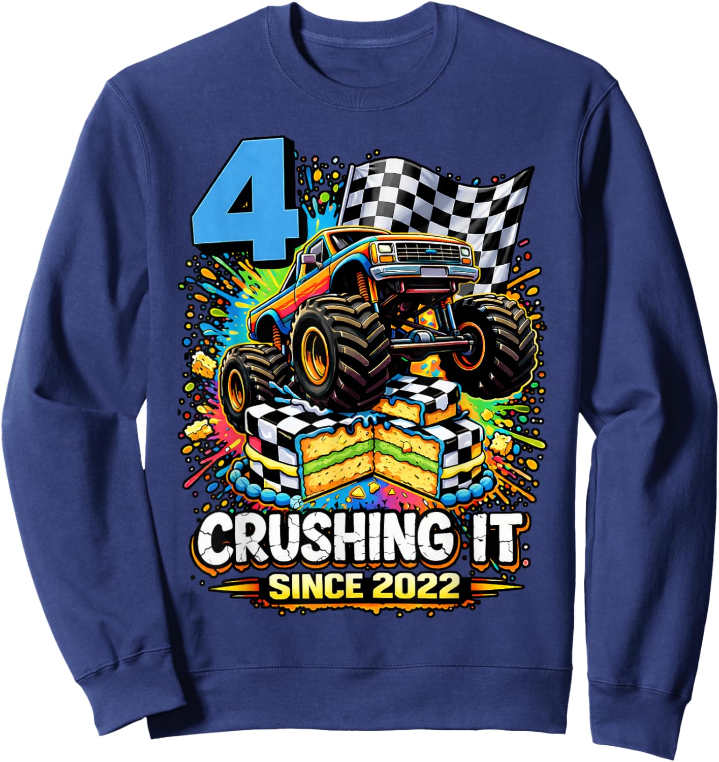 Birthday Monster Truck 4 Year Old Boys 4th Party Born 2022 Sweatshirt - Sweatshirt | Navy