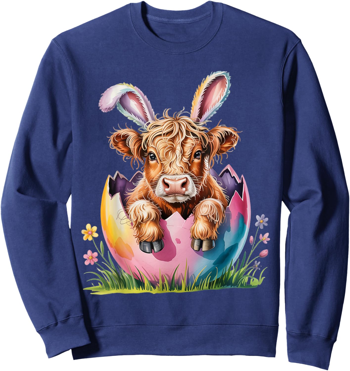 Cute Easter Highland Cow Spring Egg Cows Lover Bunny Ears Sweatshirt - Sweatshirt | Navy