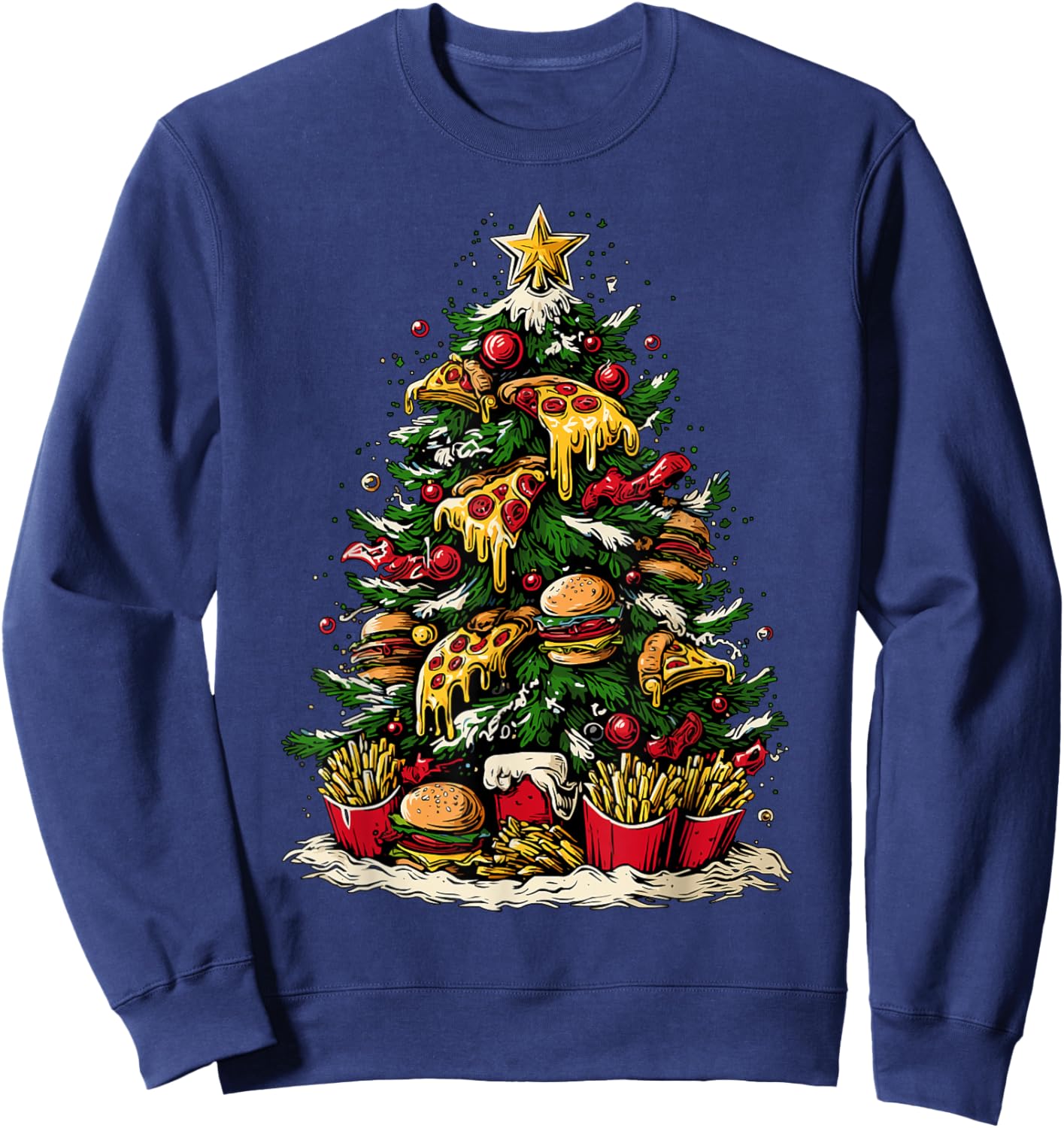 Funny Christmas Tree Fast Food Pizza Burgers Fries Humor Sweatshirt - Sweatshirt | Navy