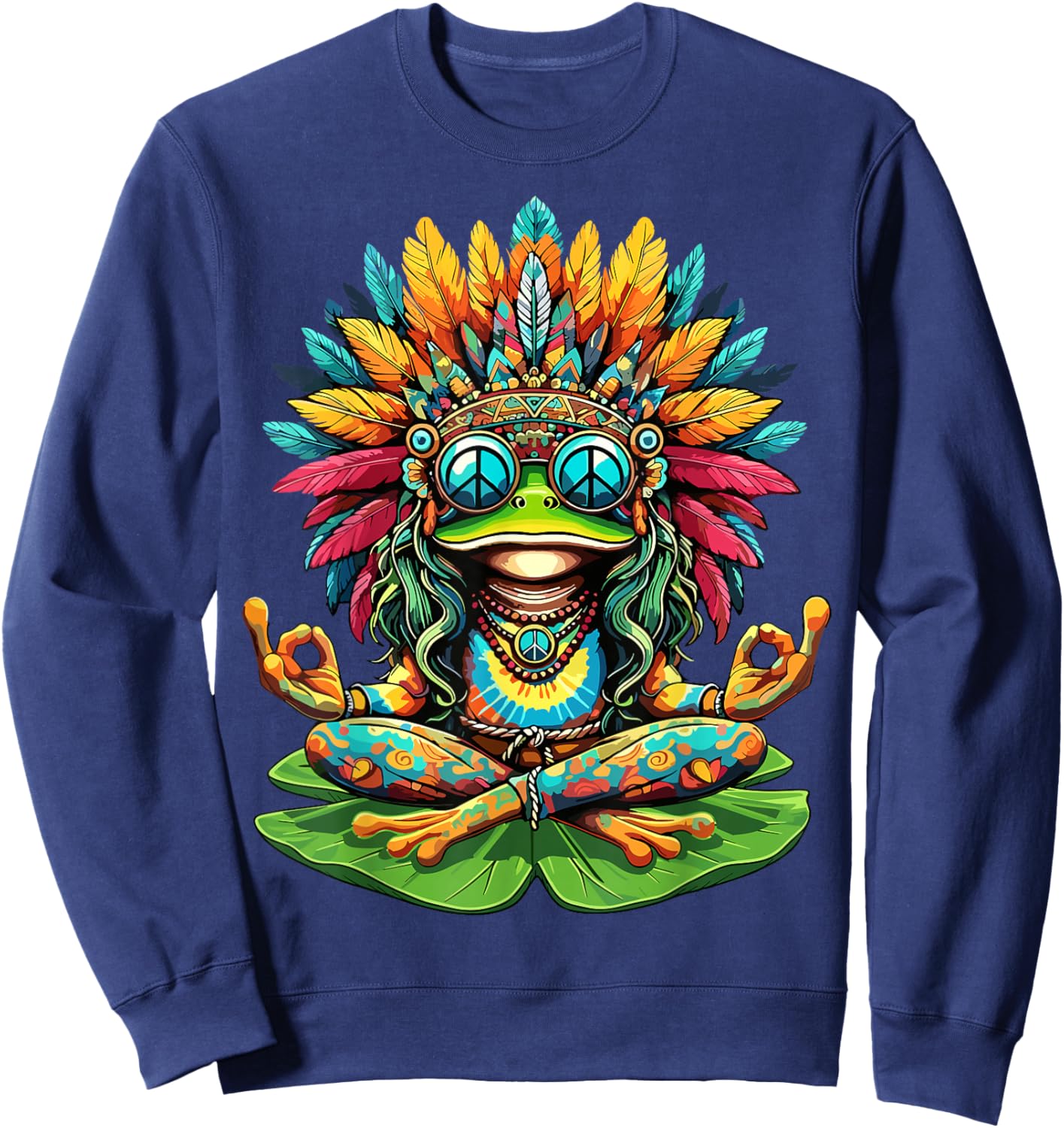 Frog Peace Sign Yoga Meditation Hippie Sweatshirt - Sweatshirt | Navy
