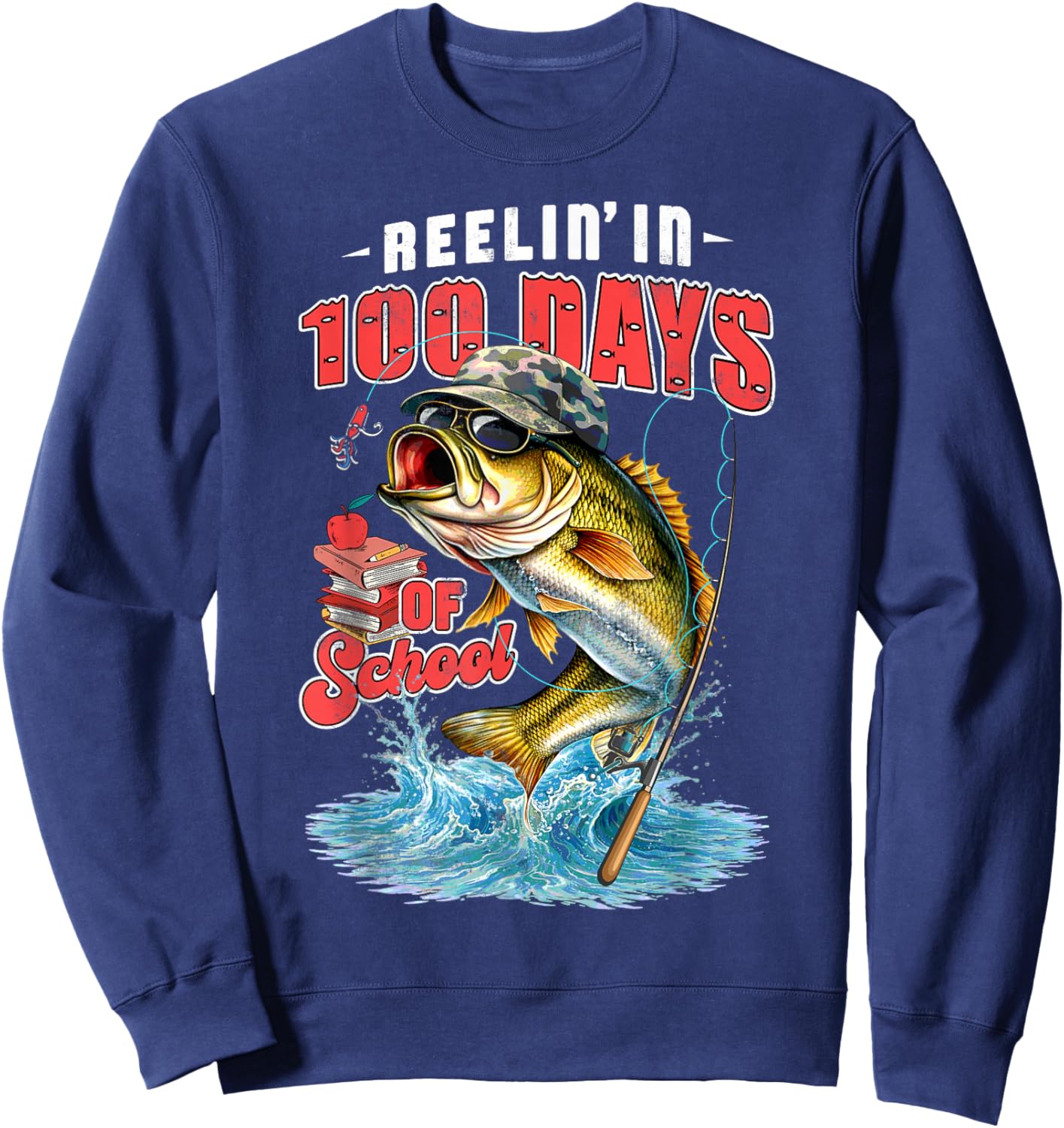Reelin’ in 100 Days of School Camo Bass Fishing Teacher Boys Sweatshirt - Sweatshirt | Navy