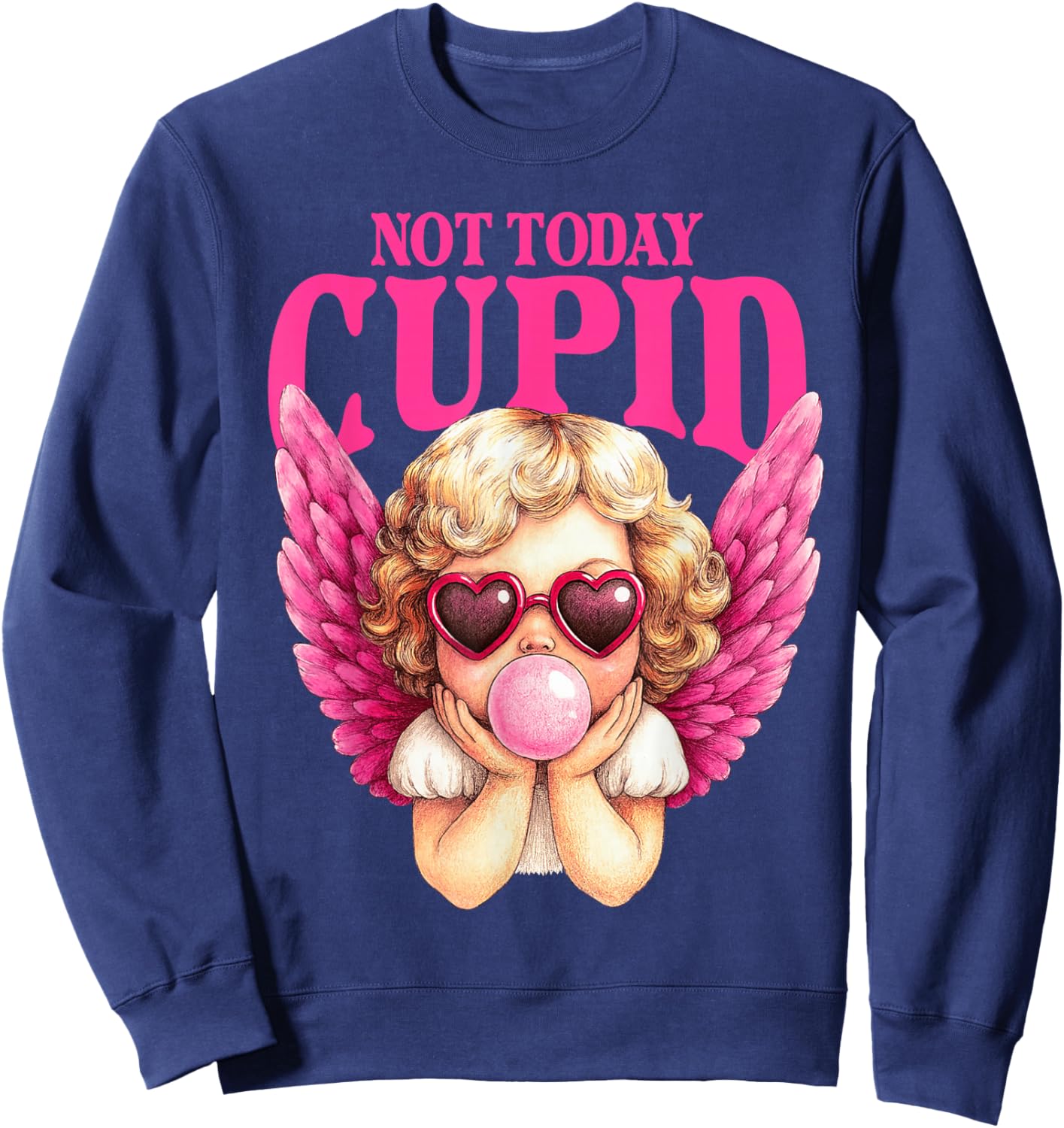 Vintage Cupid Blowing Bubble Gum Heart Sunglasses Valentines Sweatshirt - Sweatshirt | Navy