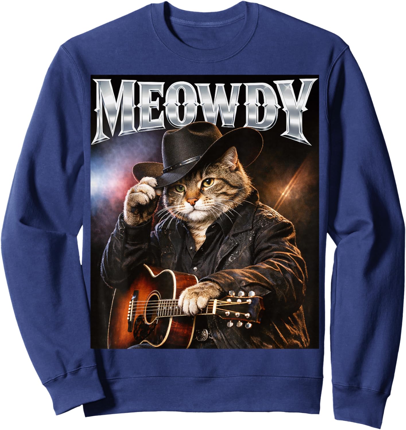 Meowdy Funny Cat Country Singer 80s and 90s Retro Sweatshirt - Sweatshirt | Navy