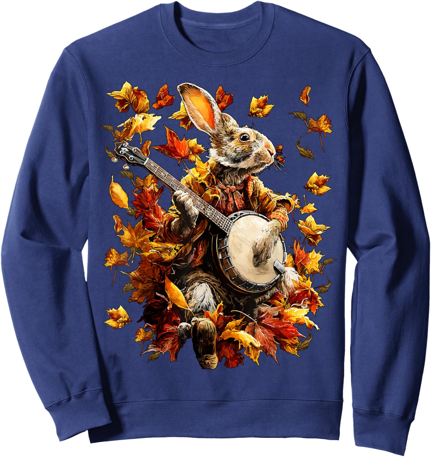 Banjoist Rabbit Playing Banjo Picker Fall Leaves Autumn Art Sweatshirt - Sweatshirt | Navy