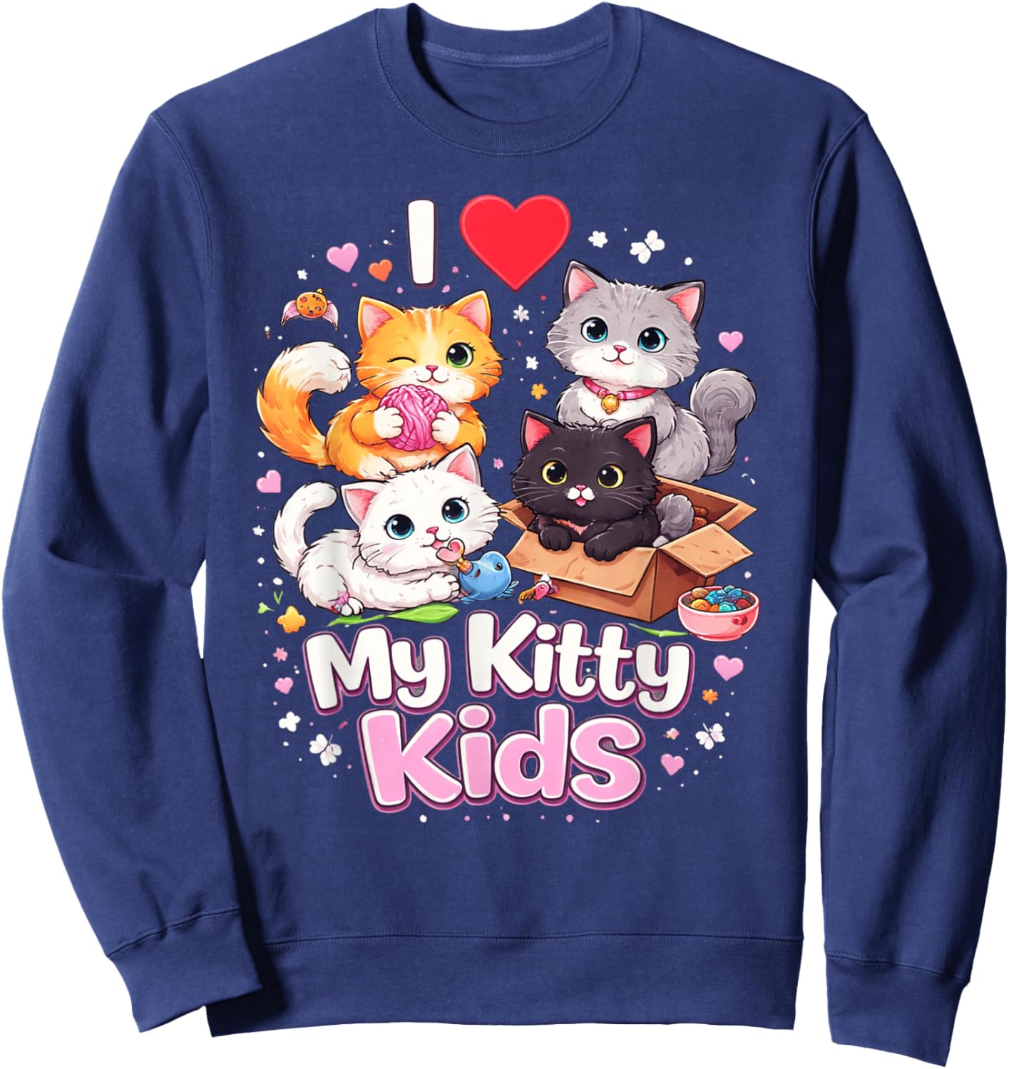 I Love My Kitty Kids Cute Cat Graphic Sweatshirt - Sweatshirt | Navy