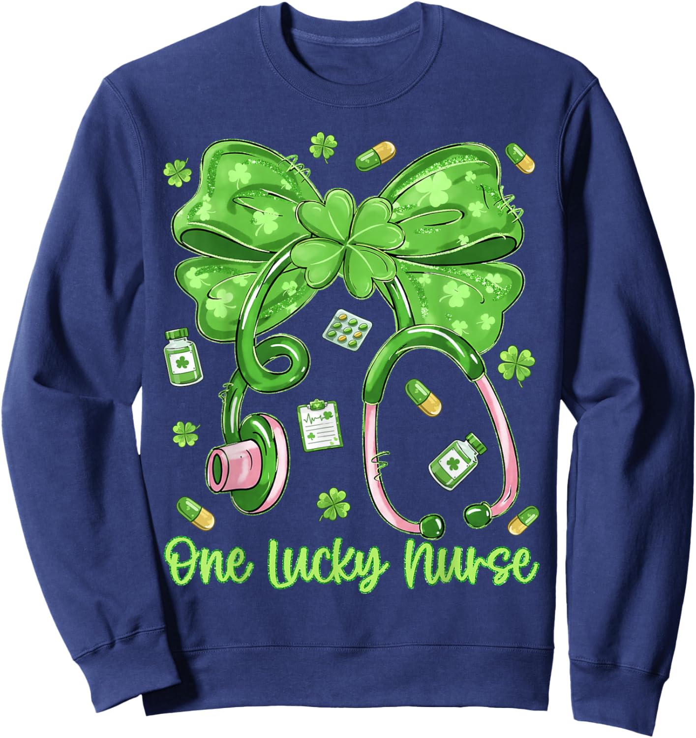 One Lucky Nurse Saint Paddys RN St Patricks Day Bow Nurses Sweatshirt - Sweatshirt | Navy