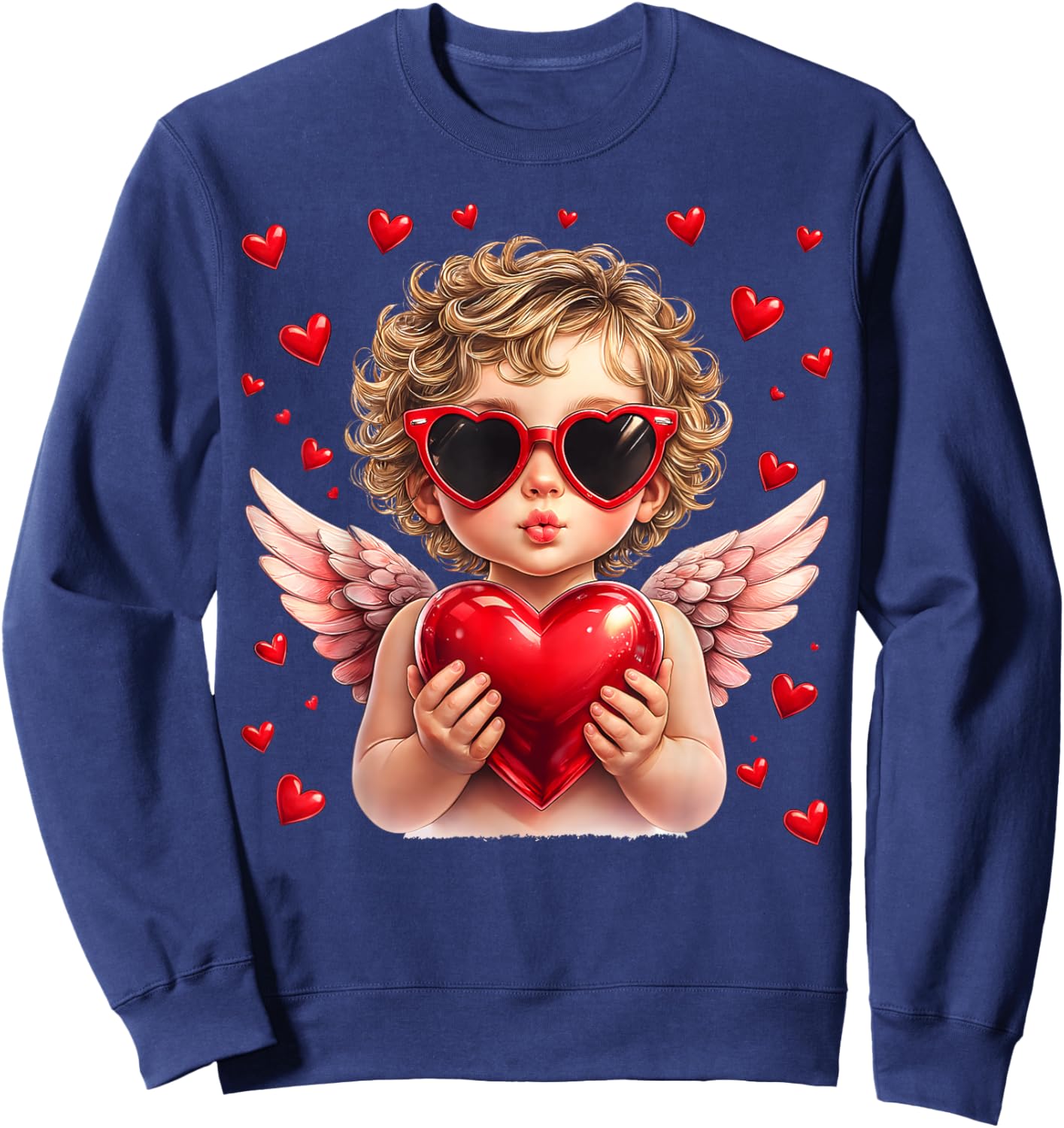 Vintage Cupid Blowing Bubble Gum Heart Sunglasses Valentines Sweatshirt - Sweatshirt | Navy