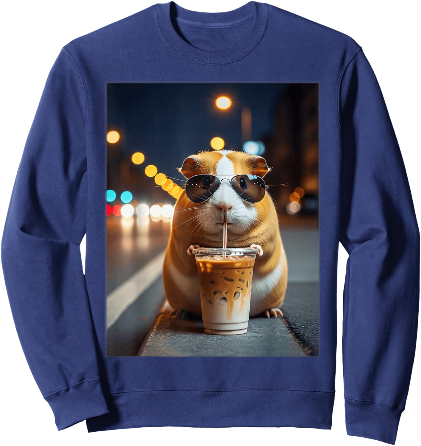 Funny Guinea Pig Drinking Iced Coffee Meme Sweatshirt - Sweatshirt | Navy