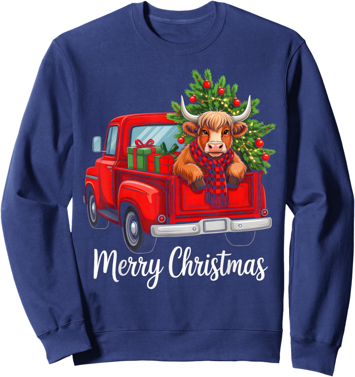 Merry Christmas Highland Cow Santa Hat Red Truck Xmas Tree Sweatshirt - Sweatshirt | Navy