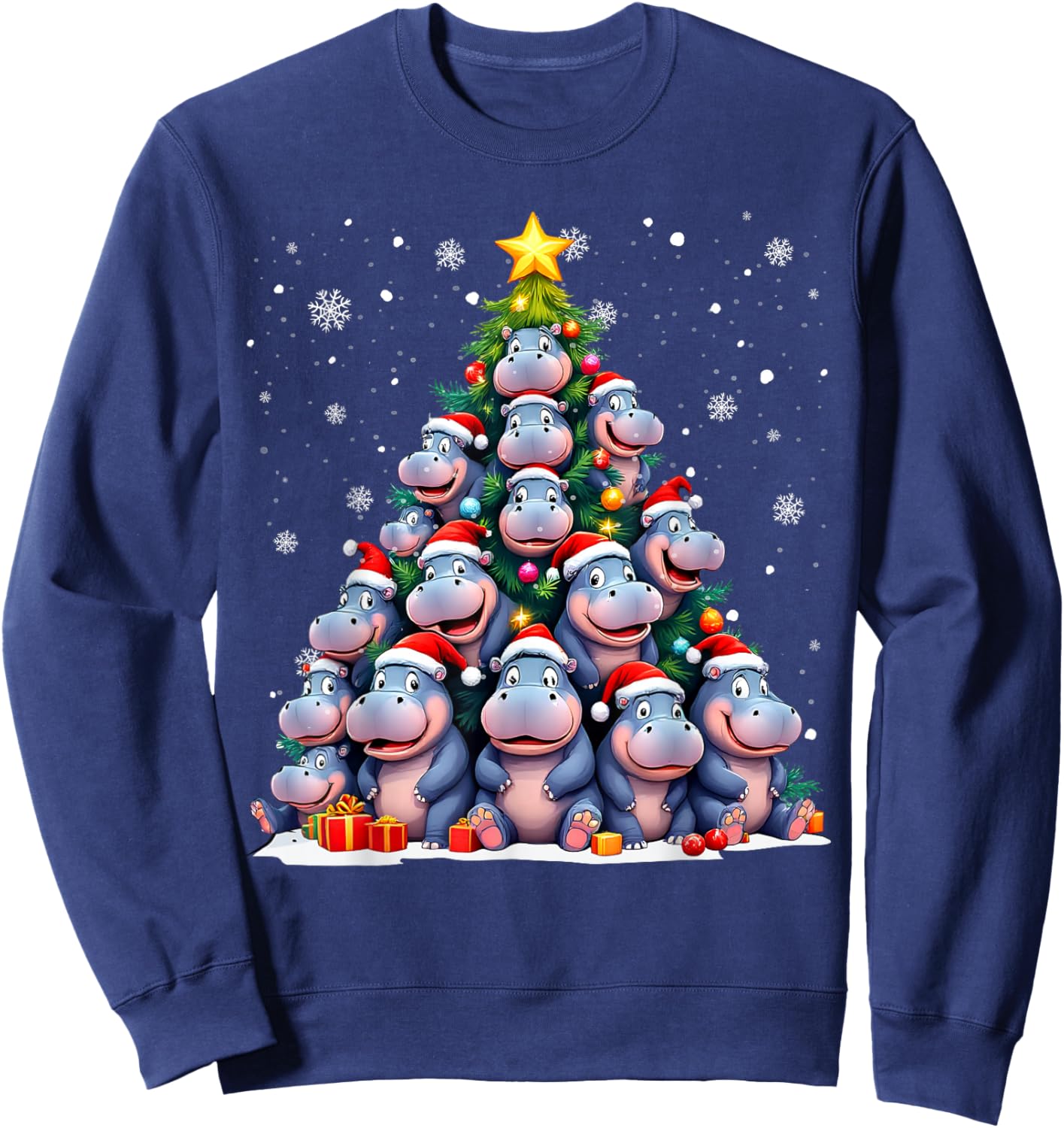 Funny Christmas Tree Hippo Family Xmas Pajamas Sweatshirt - Sweatshirt | Navy