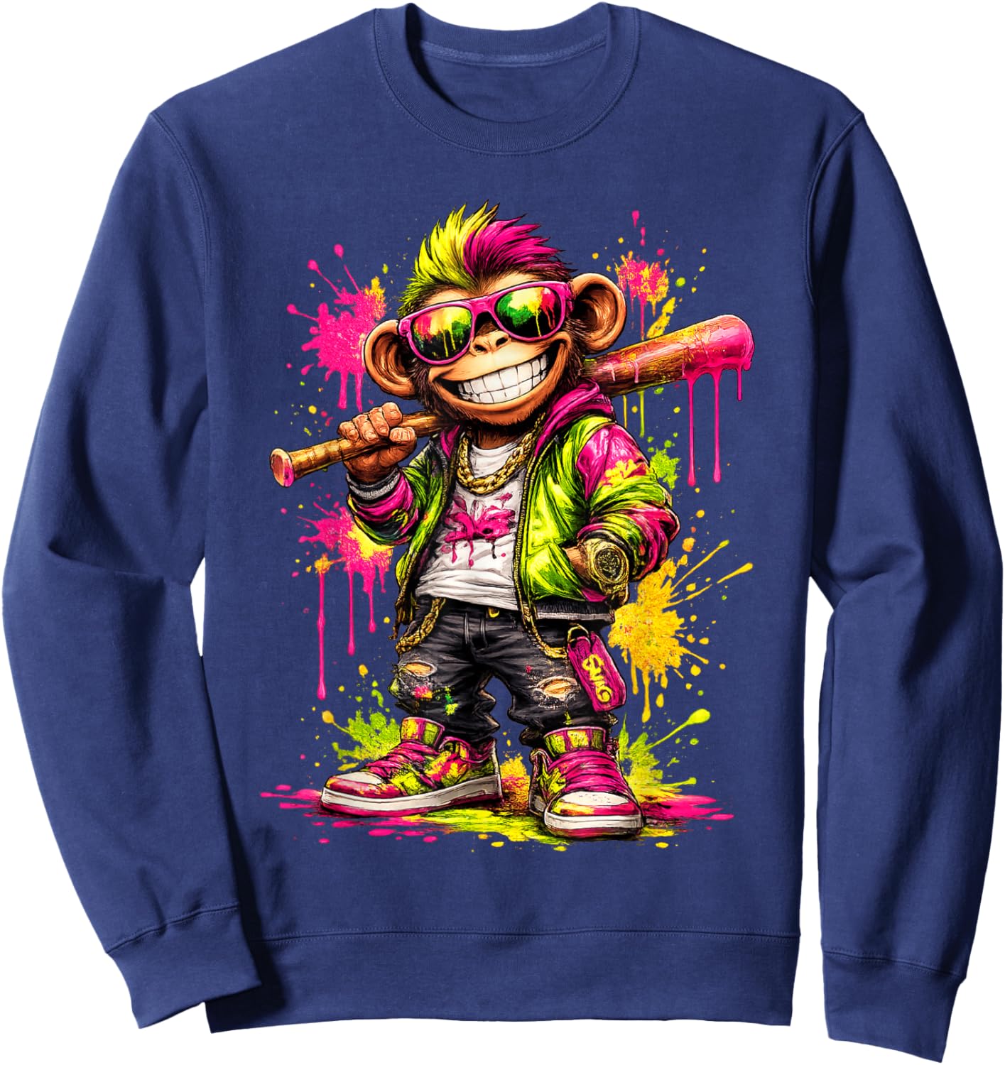 Monkey Baseball Drip Funny Animal Party Sport Cool Graphic Sweatshirt - Sweatshirt | Navy