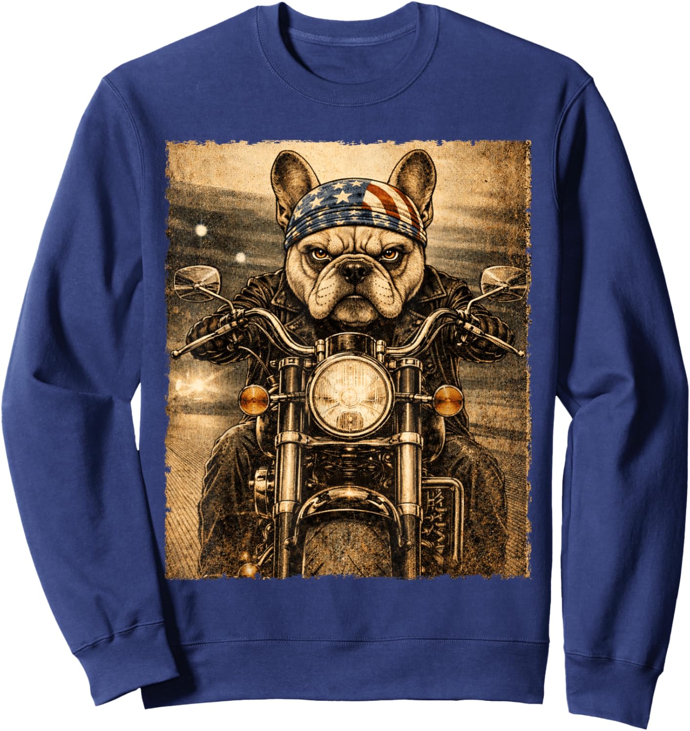 Vintage French Bulldog Dog Biker Frenchie Riding Motorcycle Sweatshirt - Sweatshirt | Navy