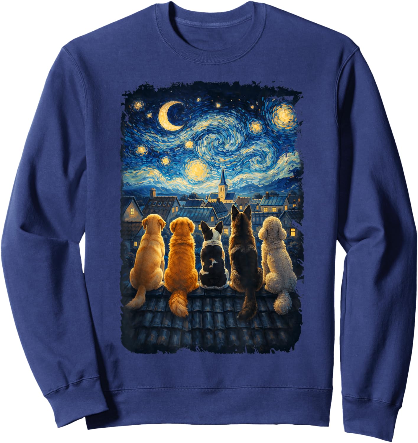 Funny Dog Starry Night Van Gogh Dogs Rooftop Scene Sweatshirt - Sweatshirt | Navy
