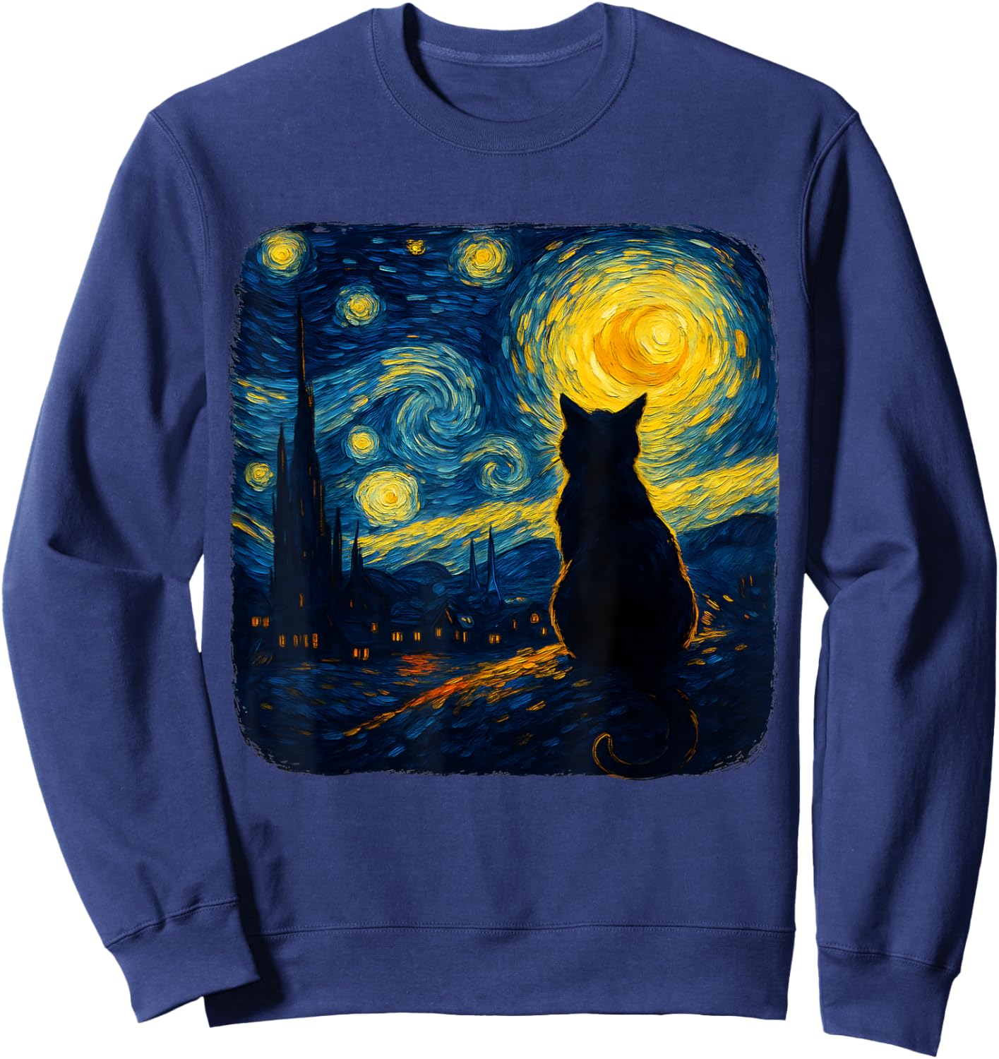 Cat Starry Funny Night Cat Lover Van Gogh Cat Mom Cat Dad Sweatshirt - Sweatshirt | Navy
