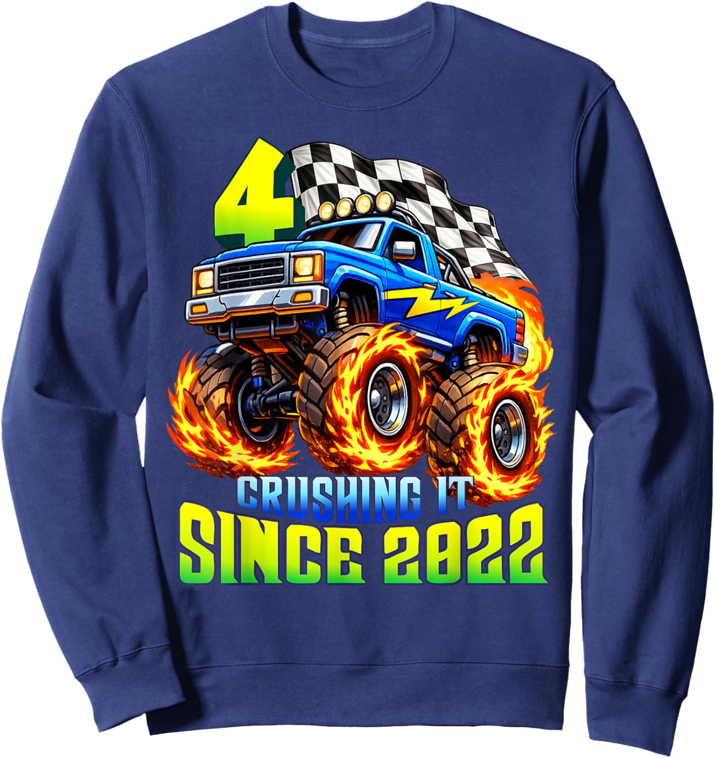 Monster Truck 4th Birthday Crushing It Since 2022 Party Boys Sweatshirt - Sweatshirt | Navy