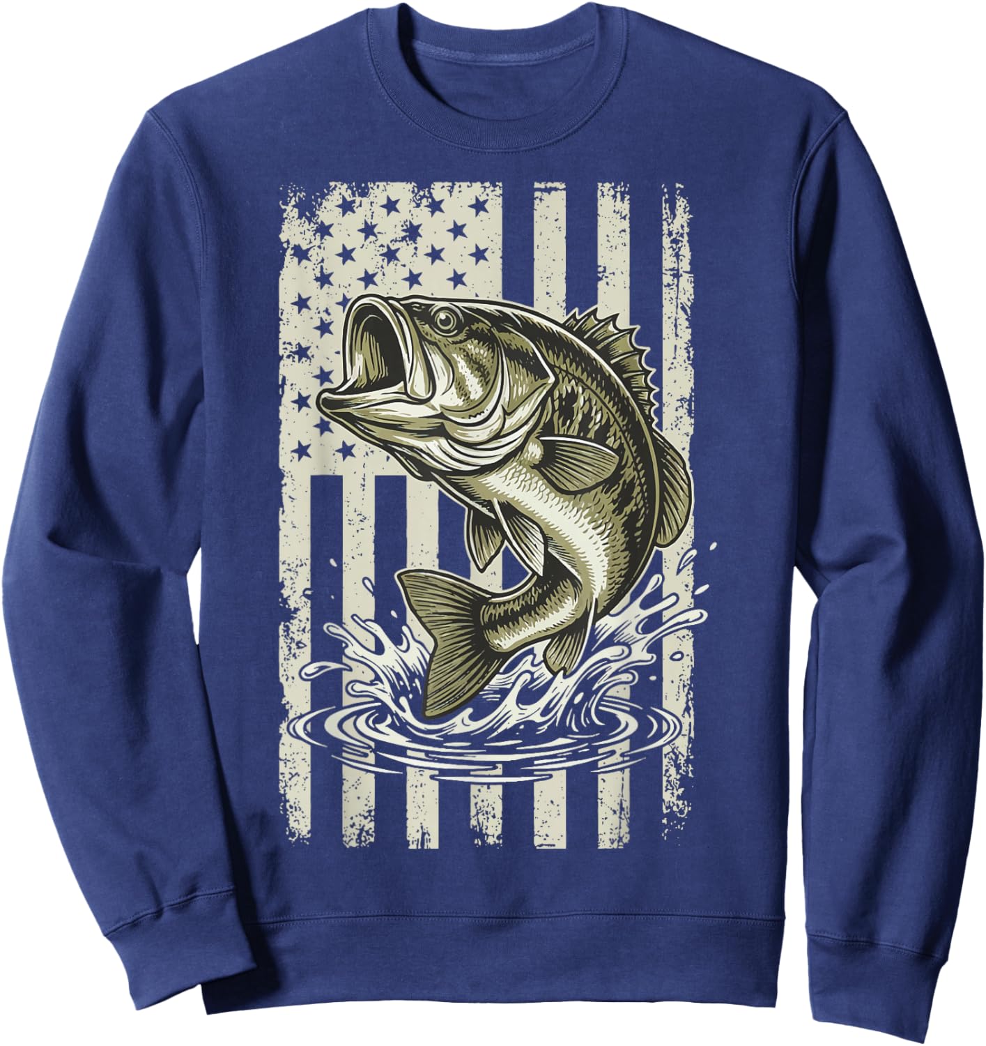 Bass Fish USA Flag Fishing 4th of July Patriot Sweatshirt - Sweatshirt | Navy