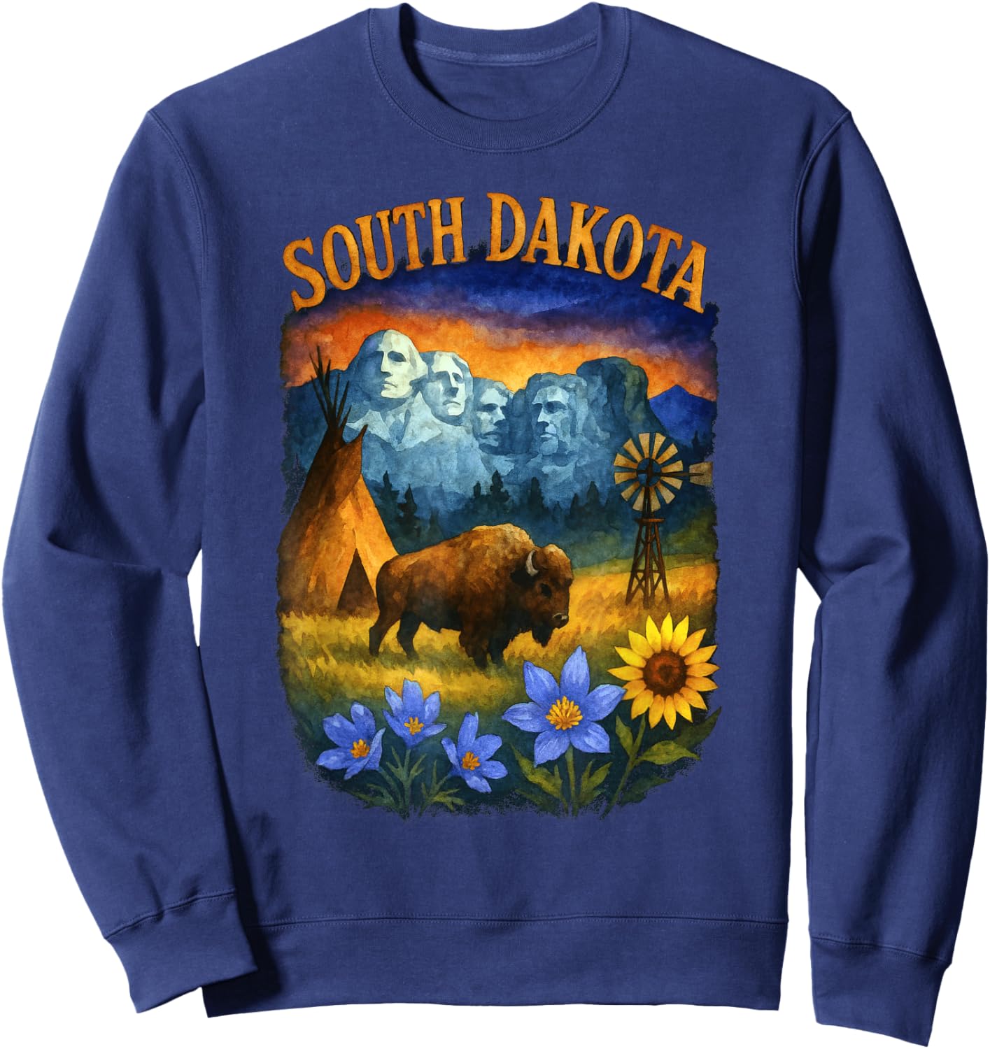 South Dakota Heritage Scene with Bison and Mount Rushmore Sweatshirt - Sweatshirt | Navy