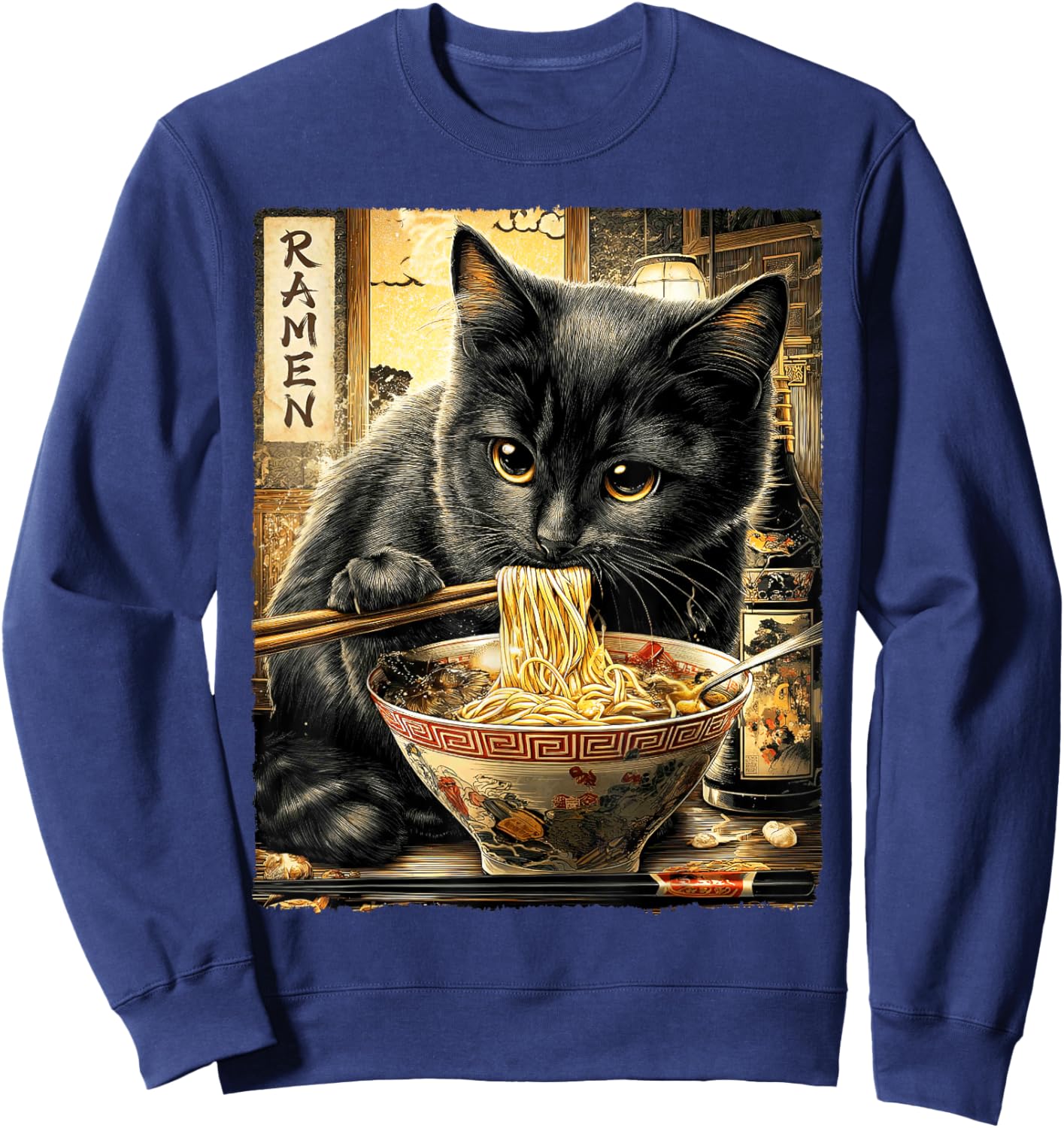 Funny Ramen Cat Noodle Lovers Anime Otaku Sweatshirt - Sweatshirt | Navy