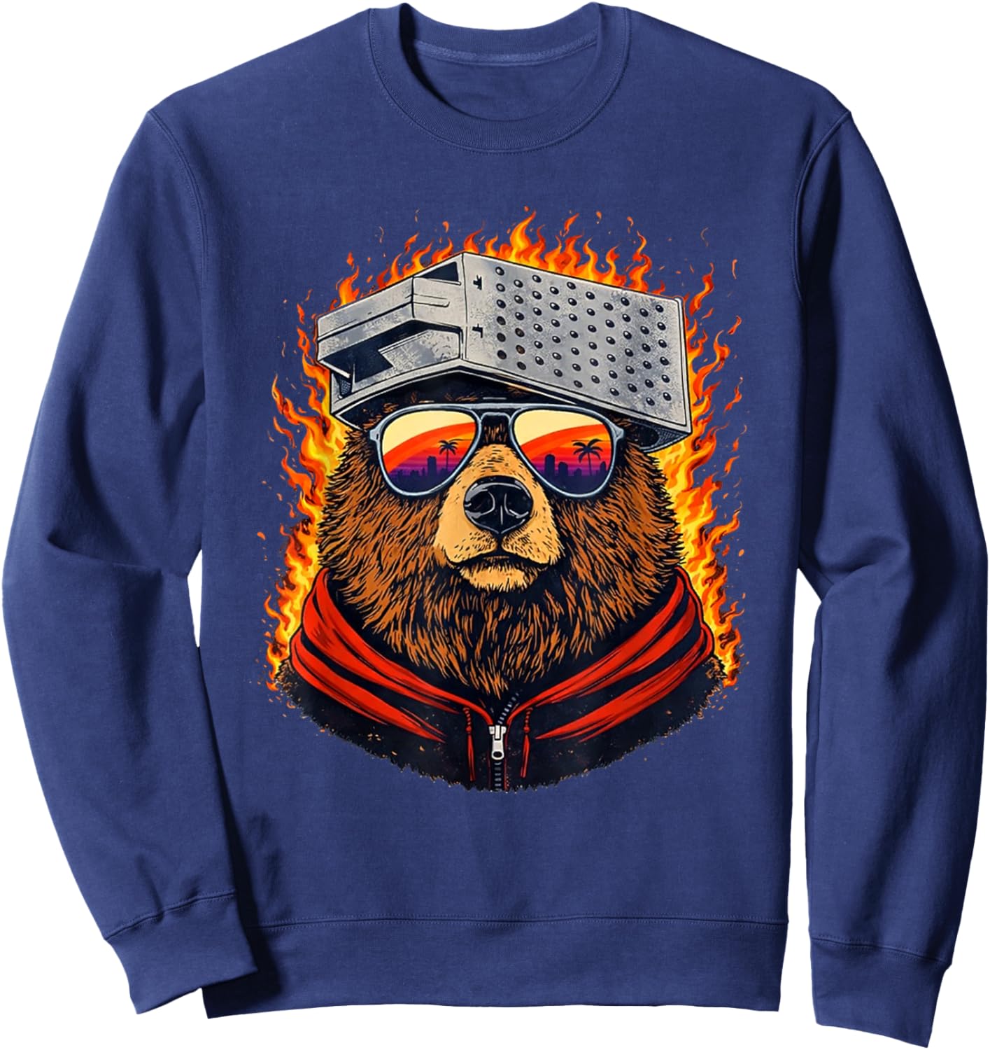 Vintage Bear with Sunglasses and Cheese Grater Hat Sweatshirt - Sweatshirt | Navy