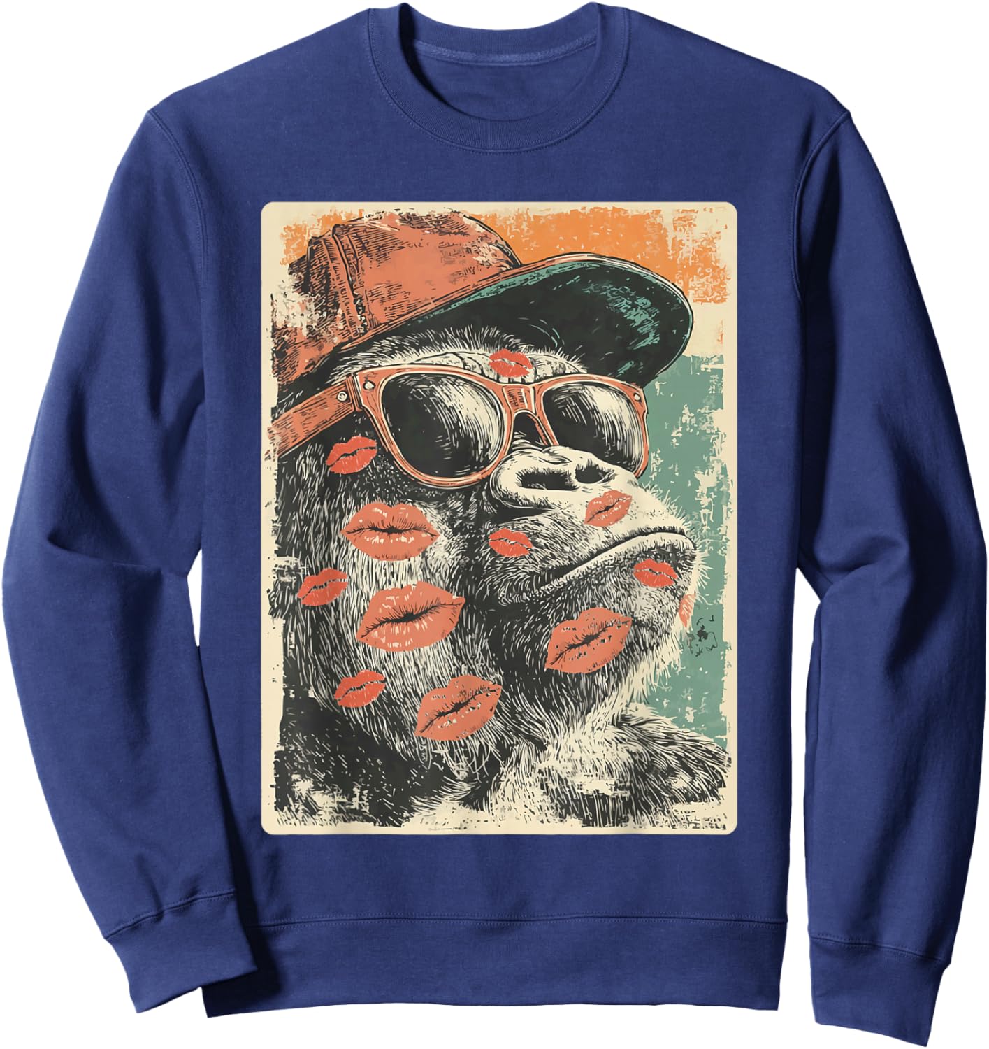 Cute Gorilla with Sunglasses Kisses Valentine's Day Animal Sweatshirt - Sweatshirt | Navy
