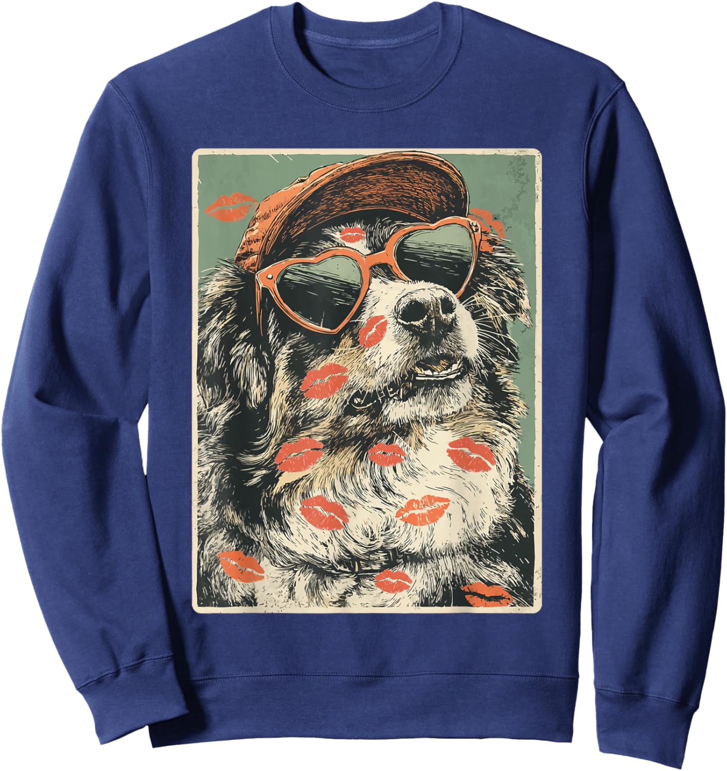 Australian Shepherd in Sunglasses Aussie Dog Valentine's Day Sweatshirt - Sweatshirt | Navy