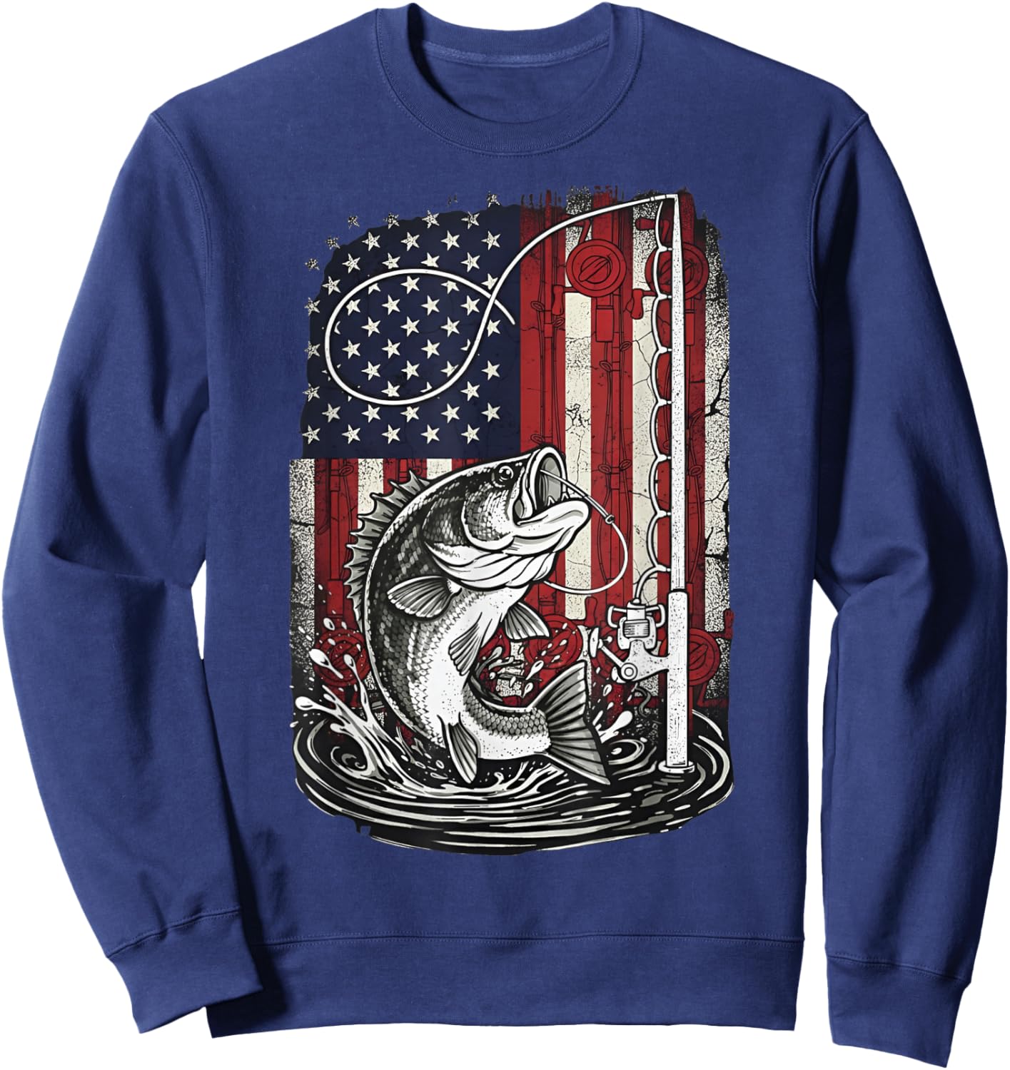 Fishing Camo Bass Fish Camouflage American Flag Fisherman Sweatshirt - Sweatshirt | Navy