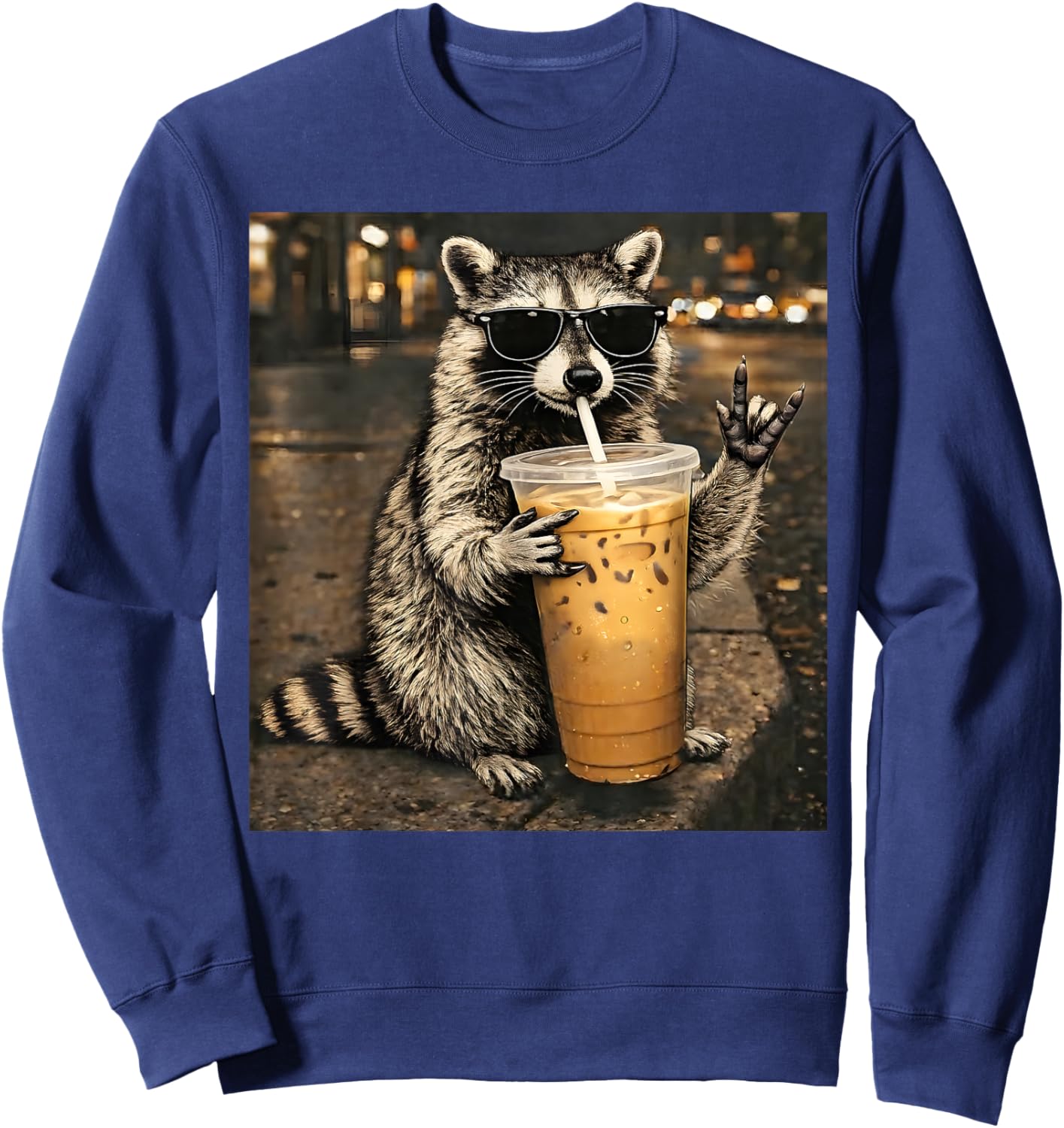 Raccoon Drinking Iced Coffee Funny Animal Meme Men Women Sweatshirt - Sweatshirt | Navy
