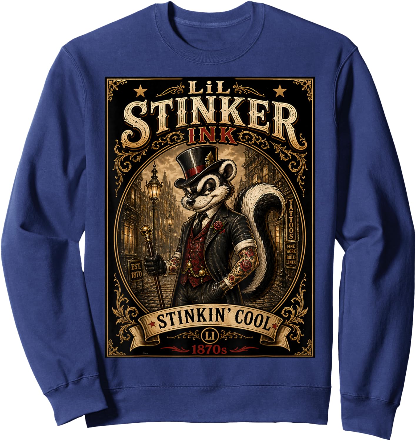 Lil Stinker Ink Vintage Tattoo Skunk Design 1870s Style Sweatshirt - Sweatshirt | Navy