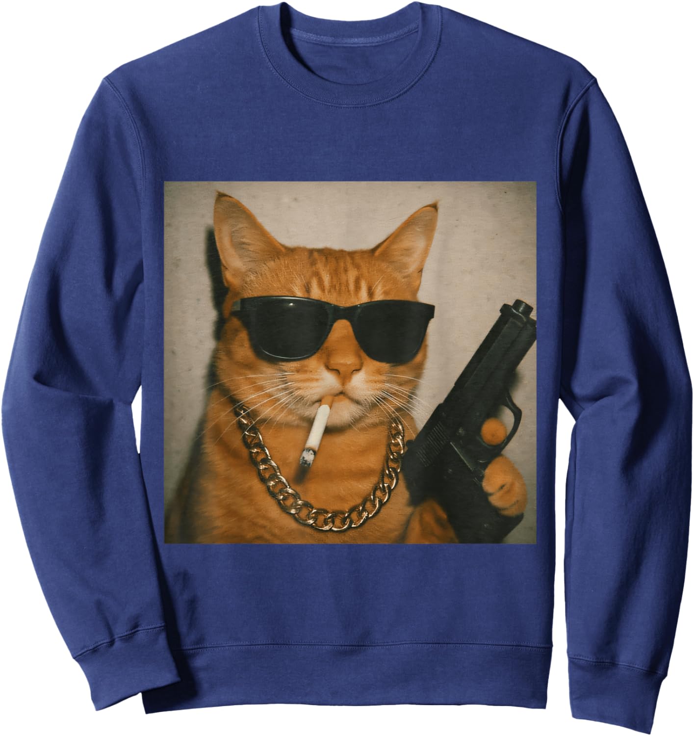 Funny Gangster Cat Smoking Gen Z Retro Meme Cat Lover Sweatshirt - Sweatshirt | Navy