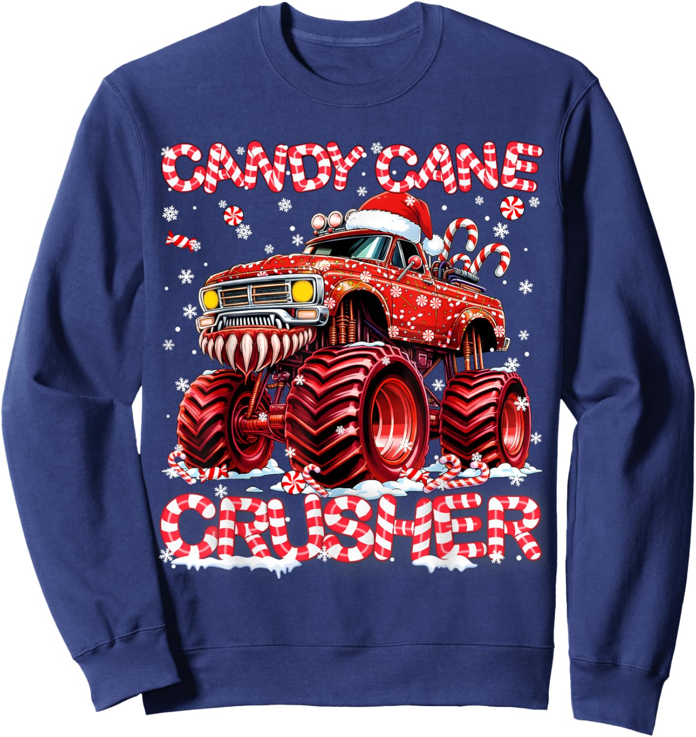 Candy Cane Crusher Red Monster Truck Christmas Xmas Boy Sweatshirt - Sweatshirt | Navy