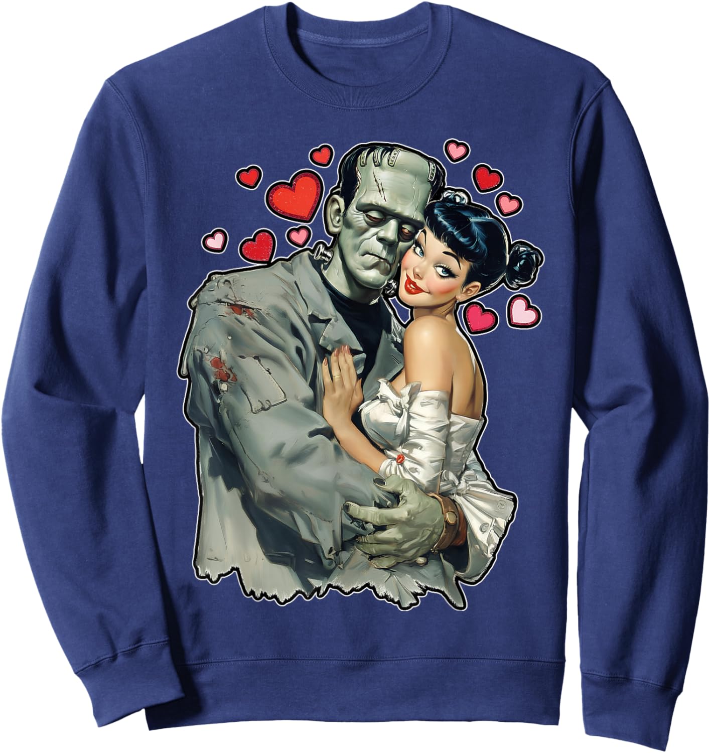 Love Heart Valentines Romantic Frankenstein and Wife Graphic Sweatshirt - Sweatshirt | Navy